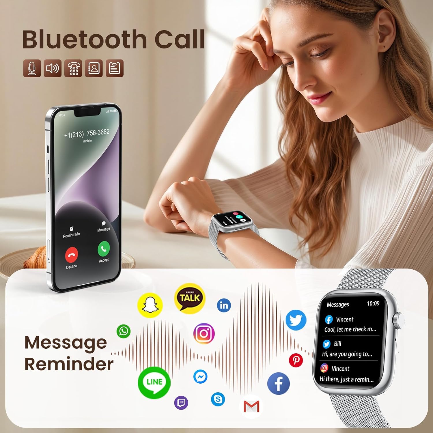 Women Smart Watch Fitness Tracker Call Heart Rate 3 Straps