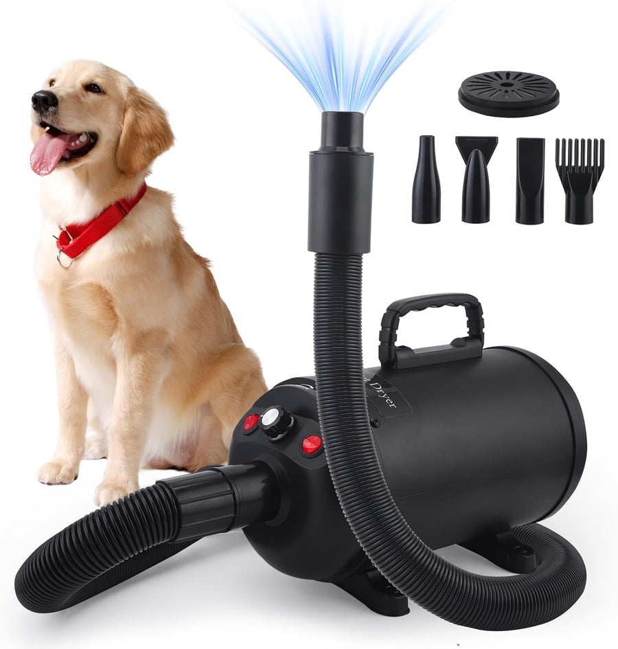 Dog Hair Dryer 3800W 5.2HP Low Noise 4 Nozzle Black