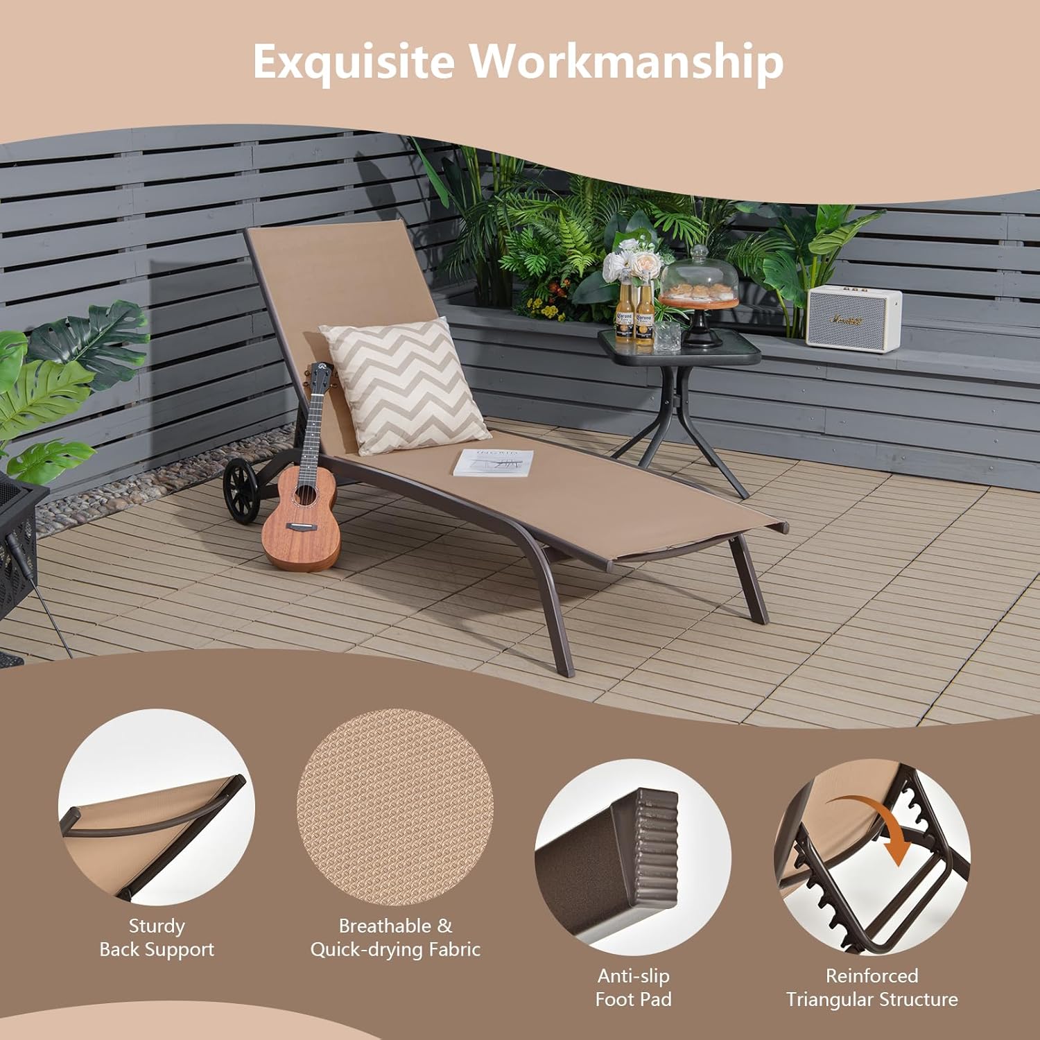 Garden Sun Lounger with Wheels 6 Position Recliner Brown