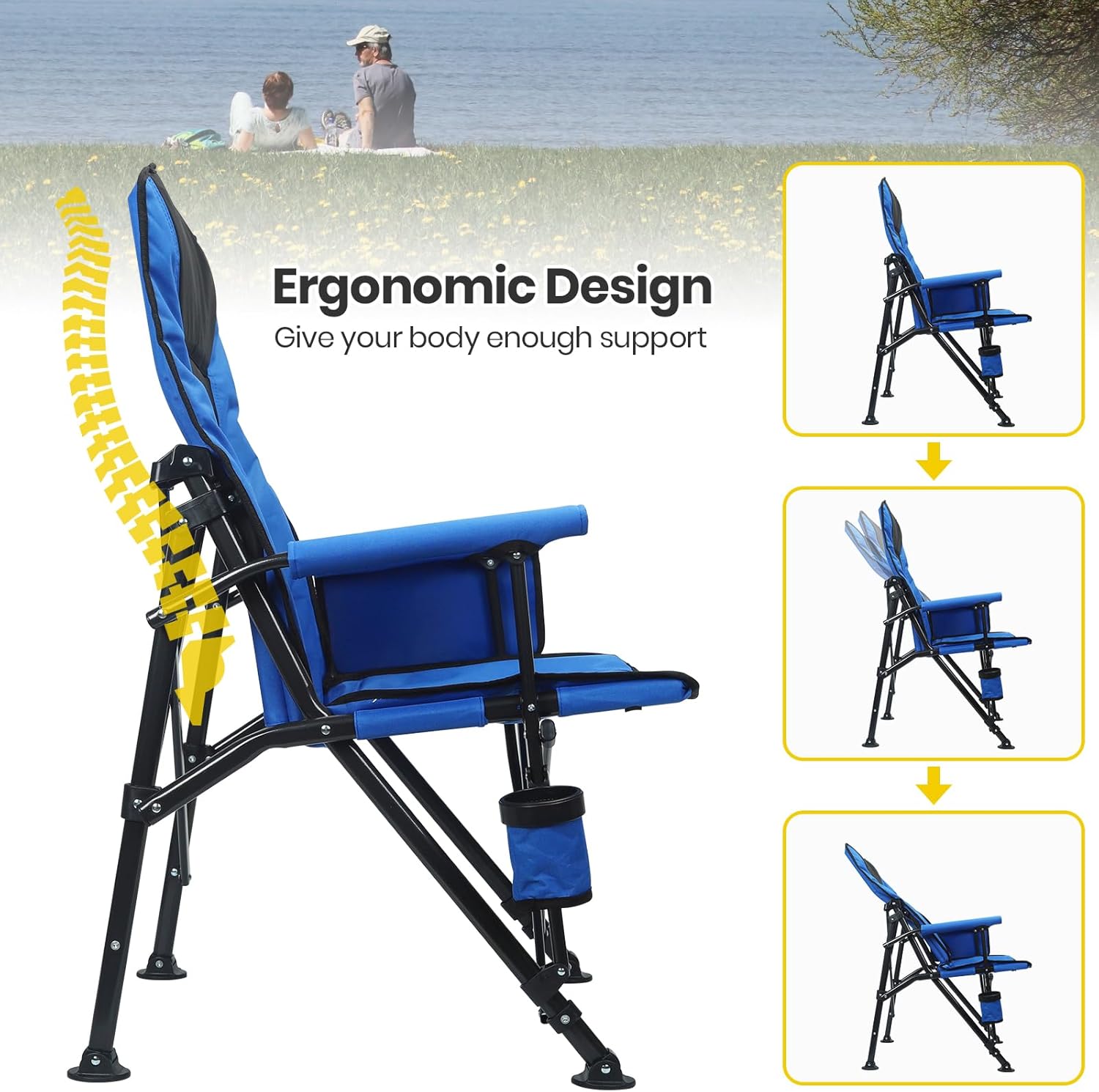Adjustable Reclining Camping Chair with Lumbar Support Blue