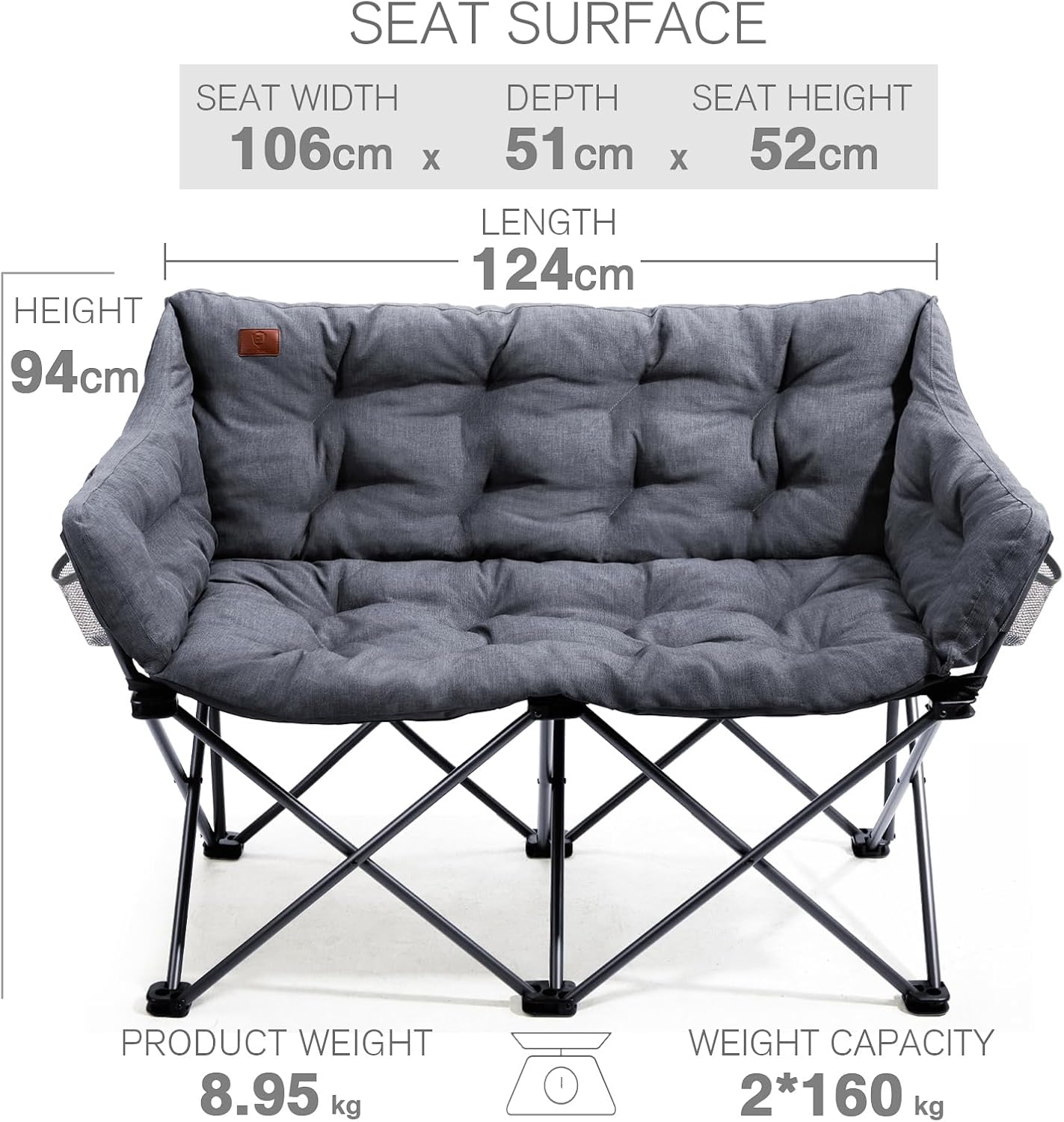 Double Folding Camping Sofa Chair 320kg 2 Seater Padded