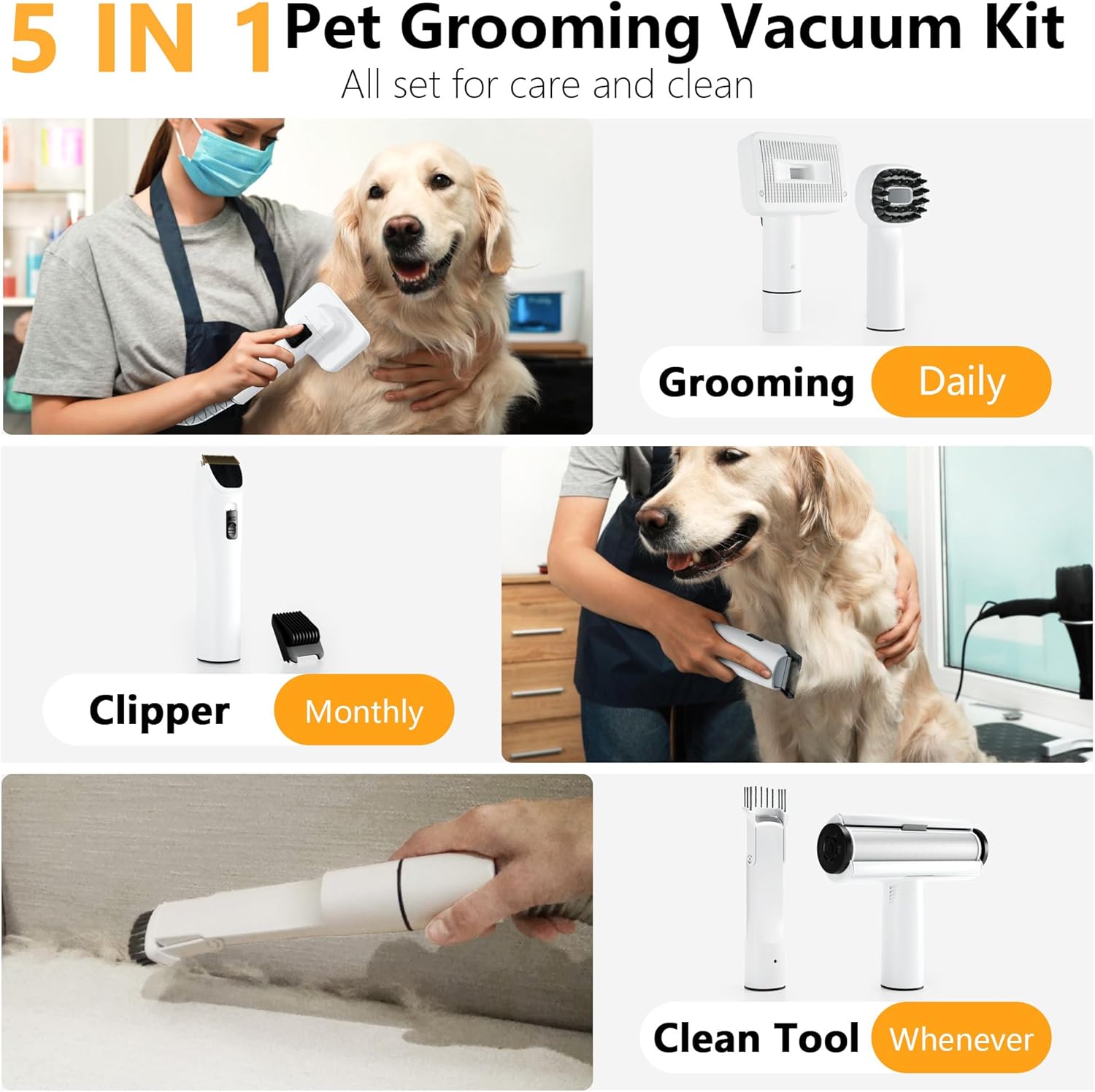 Dog Grooming Vacuum 12000Pa 5 in 1 Low Noise 1.5L Kit