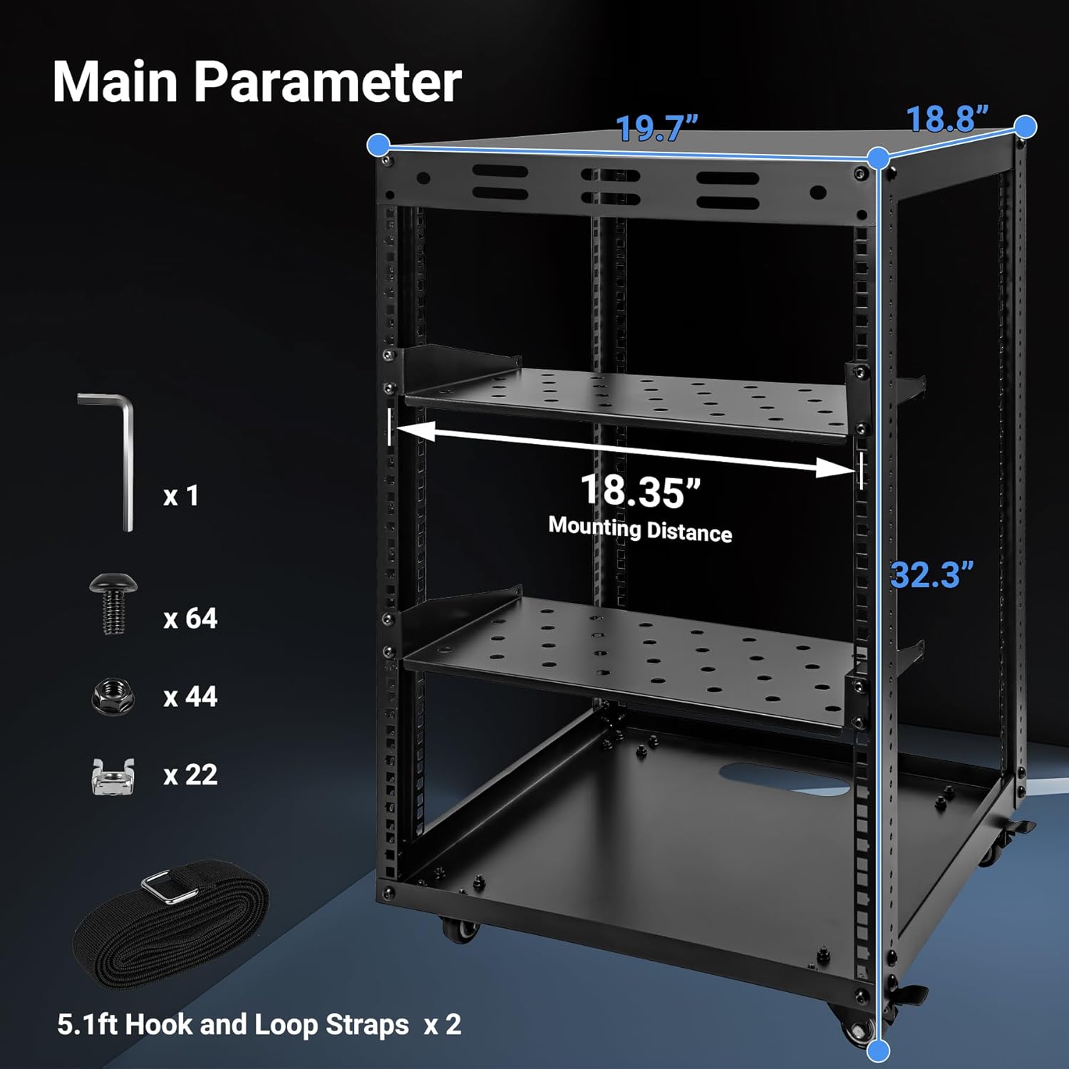 15U Open Frame Server Rack with Wheels 2 Shelves