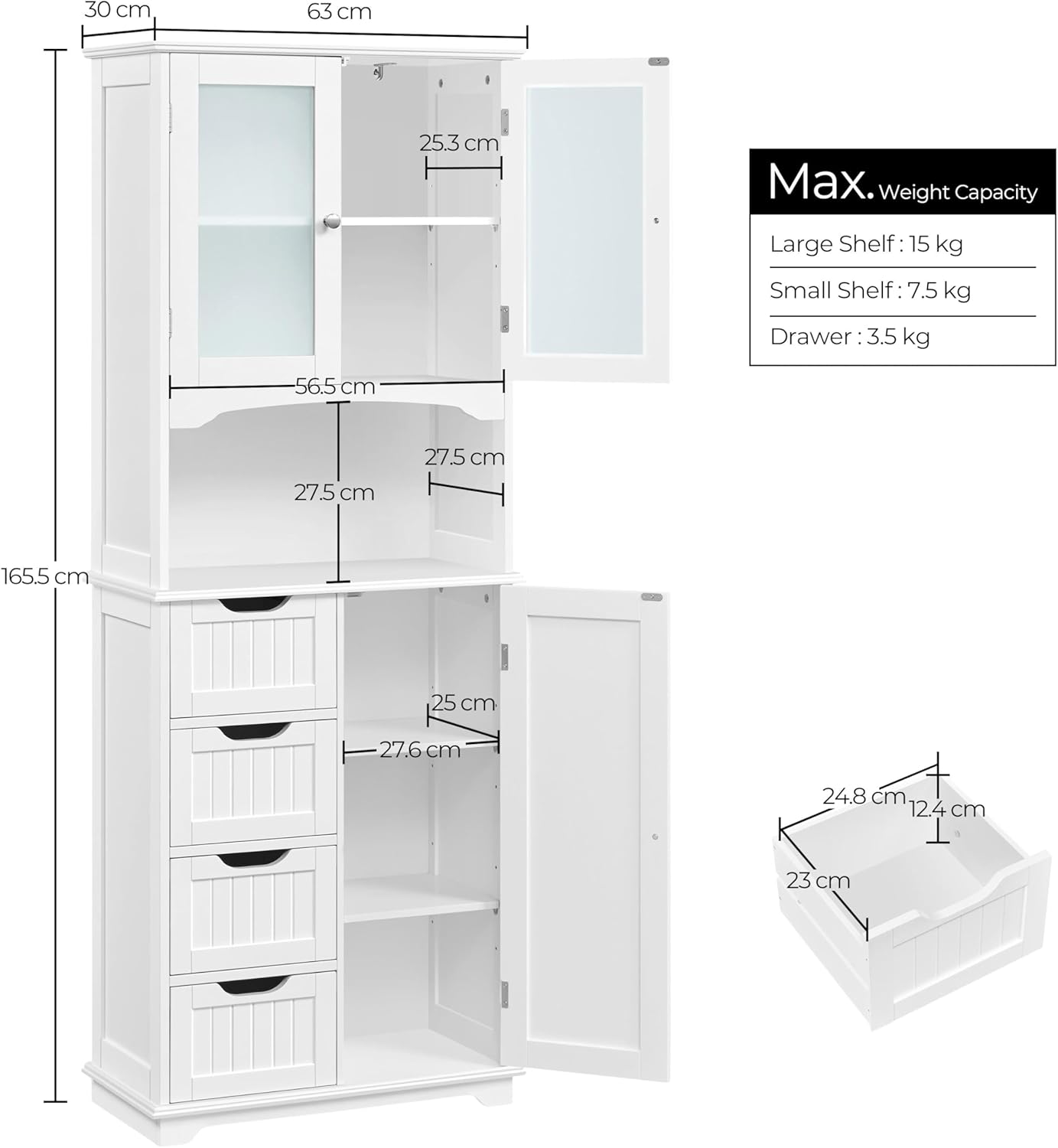 Tall Bathroom Storage Cabinet 4 Drawers Glass Doors White Unit