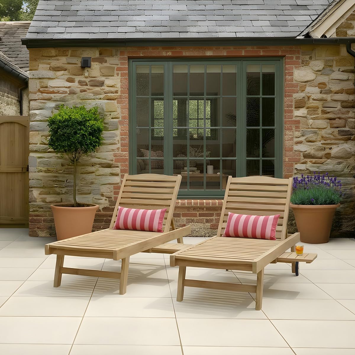 Teak Sun Lounger Wooden Recliner with Wheels Table