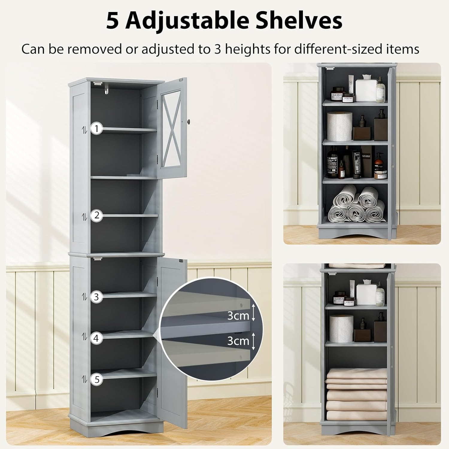 Grey Tallboy Bathroom Cabinet 2 Door Shelf Storage Unit