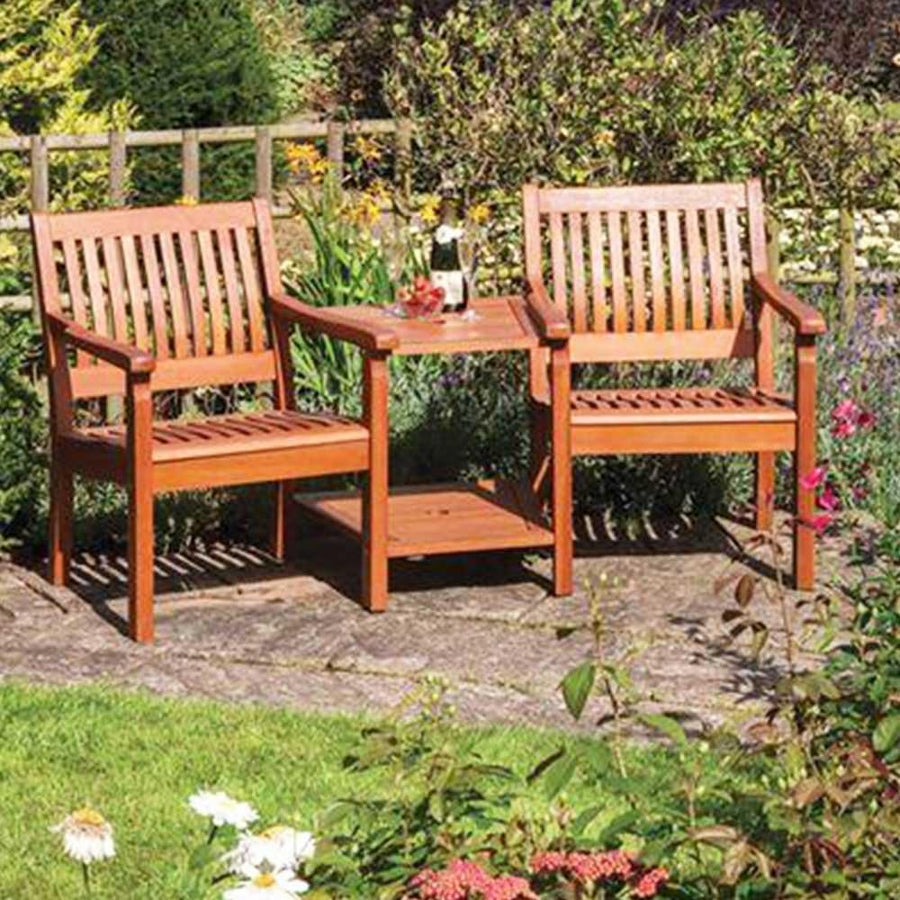 2 Seater Wooden Companion Garden Bench with Table & Parasol Hole