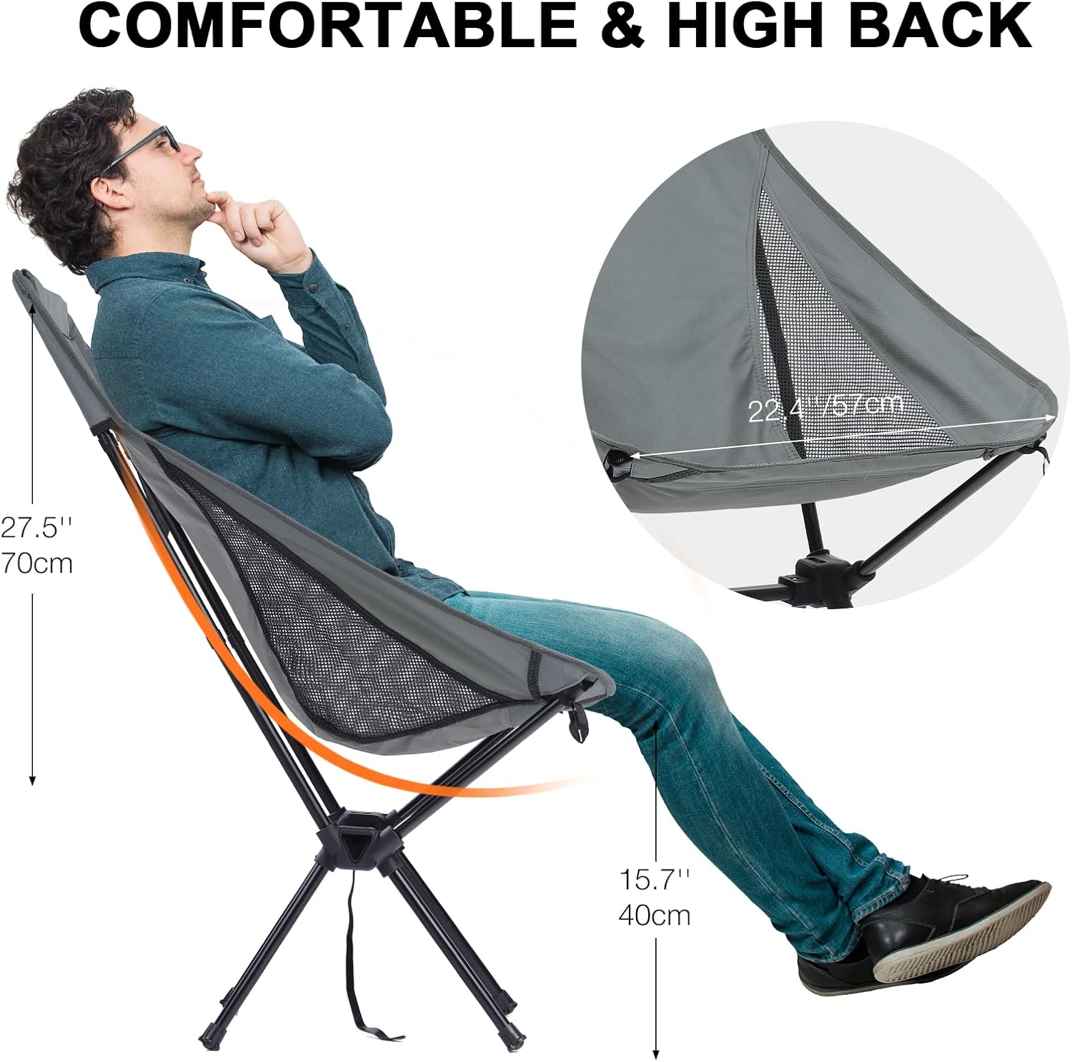 High Back Lightweight Camping Chair Portable Folding Outdoor Seat Grey