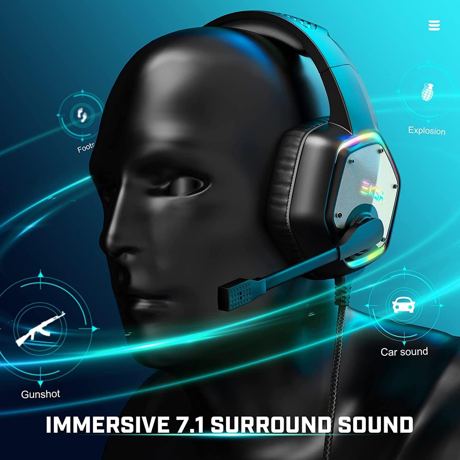 USB Gaming Headset 7.1 Surround Sound 50mm Drivers Mic RGB