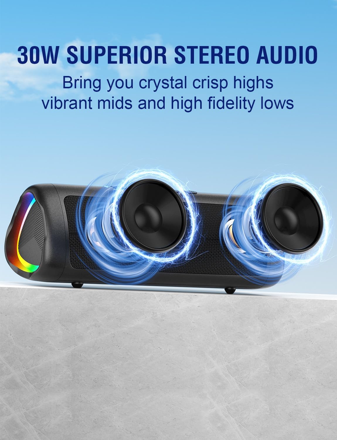 Portable Bluetooth Speaker 30W RGB Lights IPX7 Bass 24H