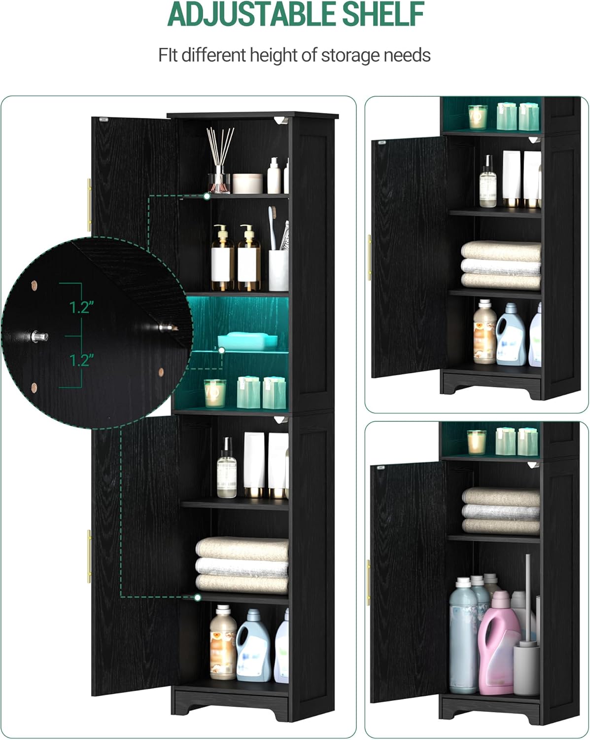 LED Tall Bathroom Storage Cabinet 2 Door Black 170cm