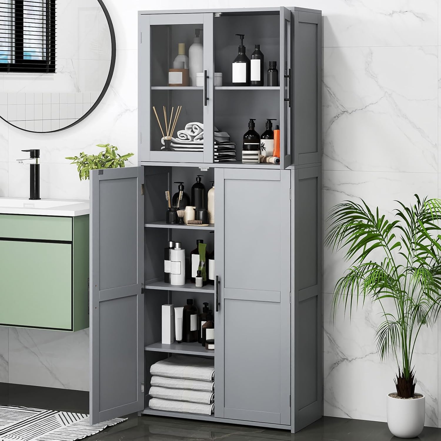 Tall Storage Cabinet Grey Glass Door Hook Shelf Unit