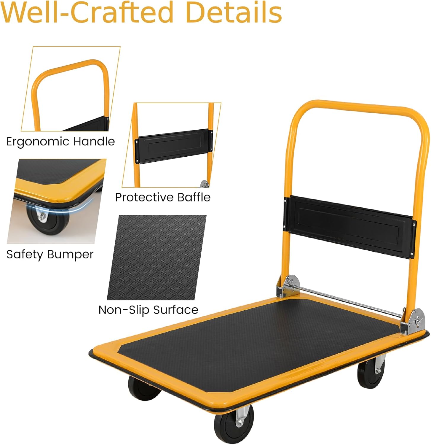 Folding Push Cart Dolly 300KG Flatbed Trolley Black Yellow