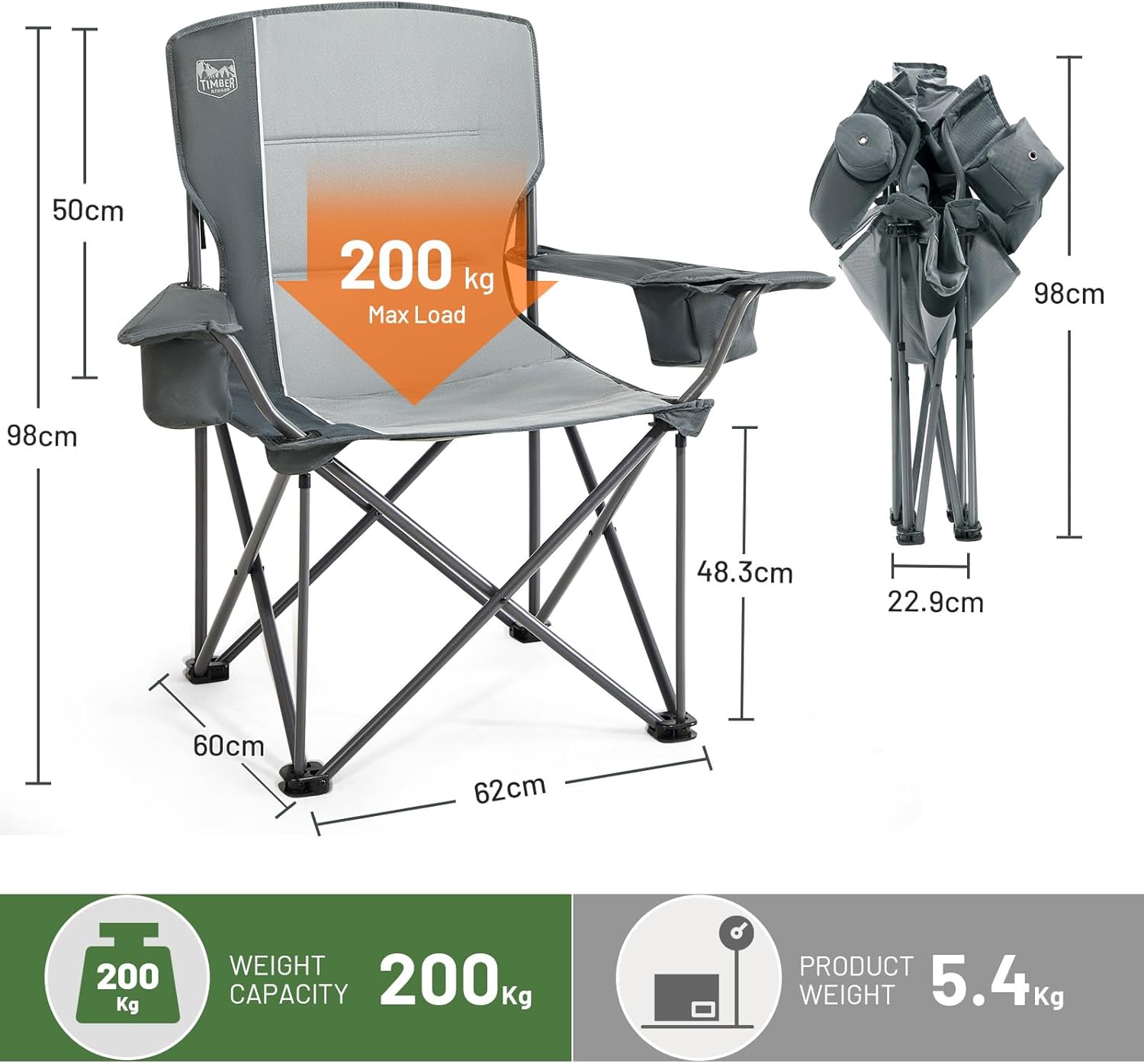 Heavy Duty Camping Chair 200kg Padded Light Grey
