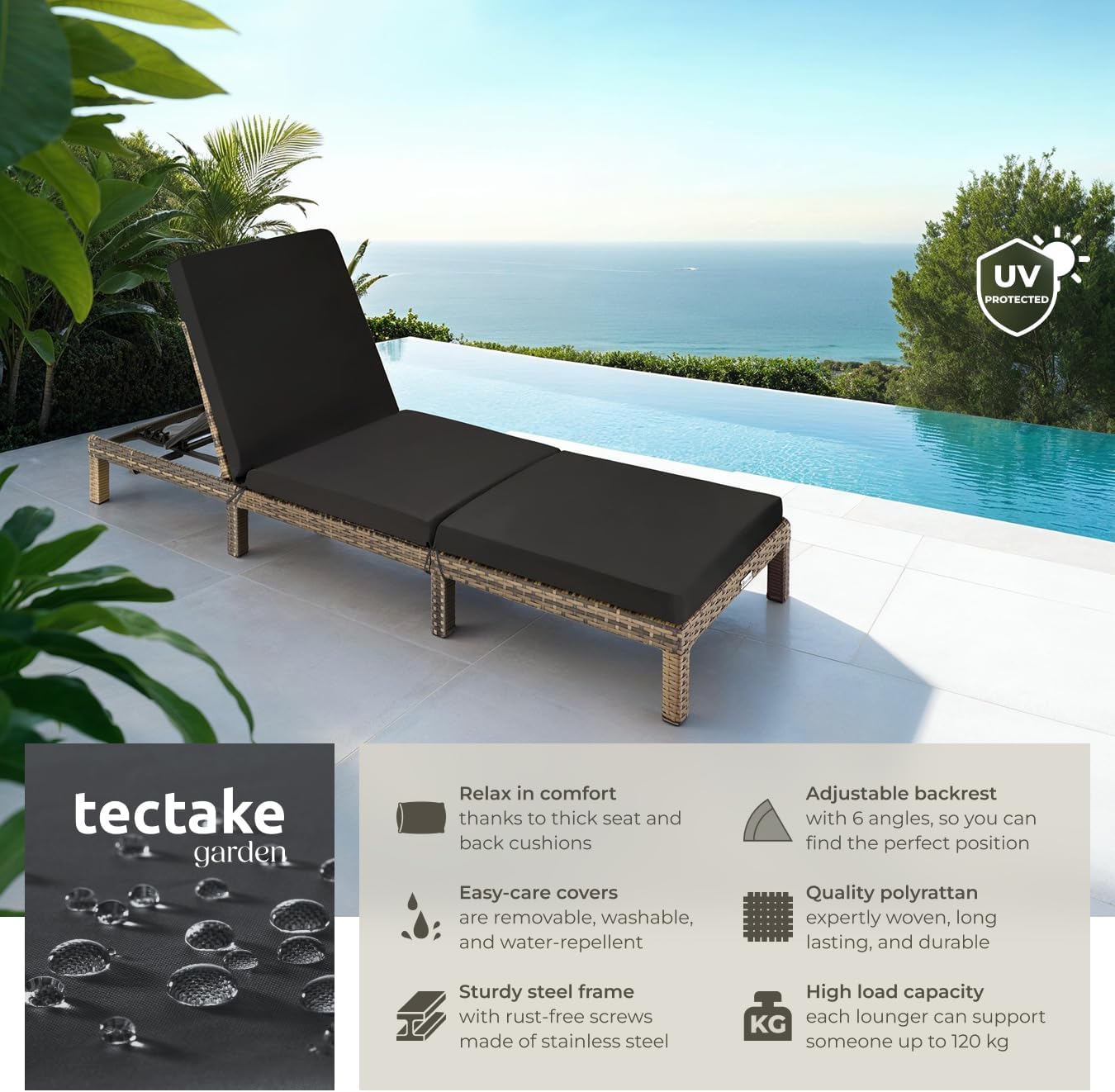 Luxury Rattan Sun Lounger 6 Position Cushion Natural