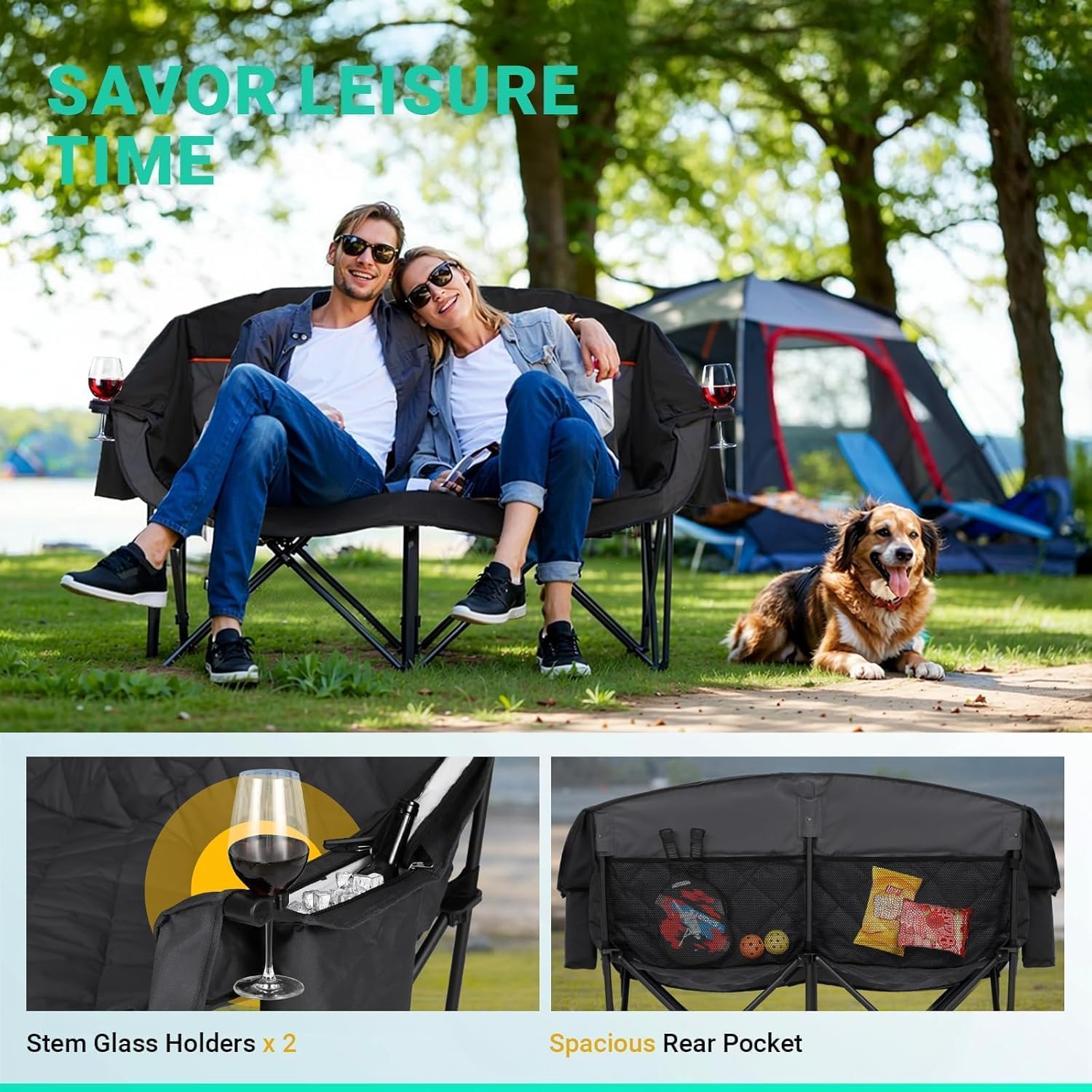 Oversized Double Camping Chair 2 Seater 382kg Black