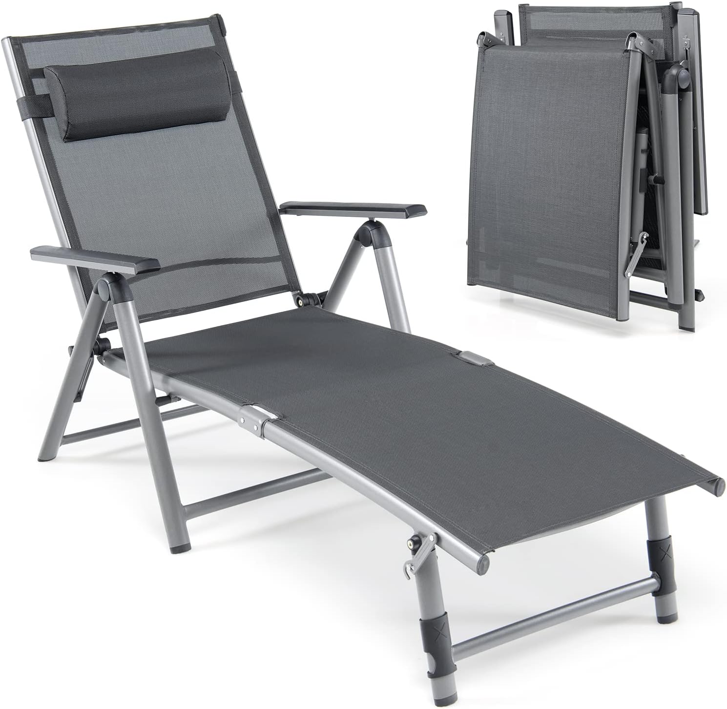 Folding Sun Lounger Reclining Chair 8 Position Aluminium Grey