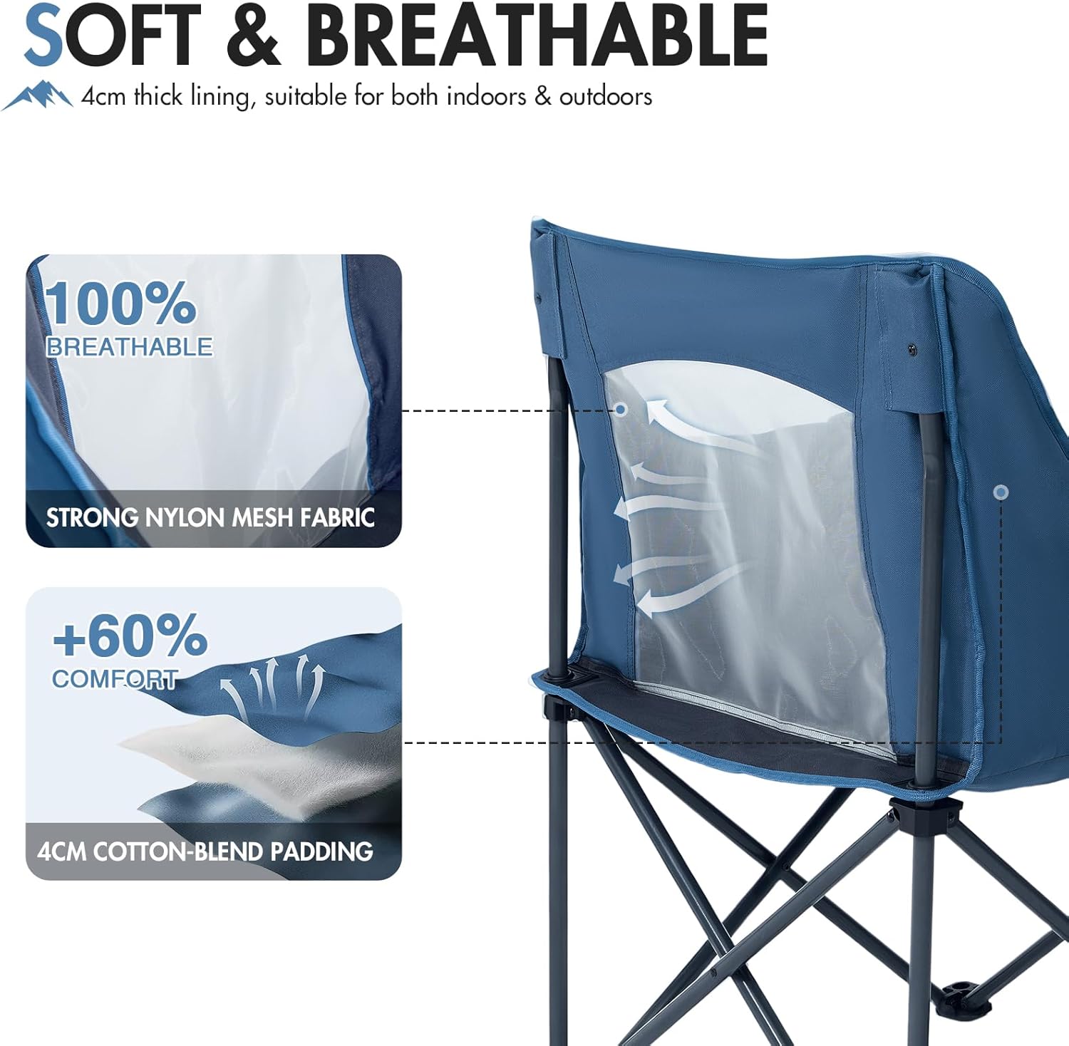 Mesh Back Tub Camping Chair Wide Seat 150KG Blue