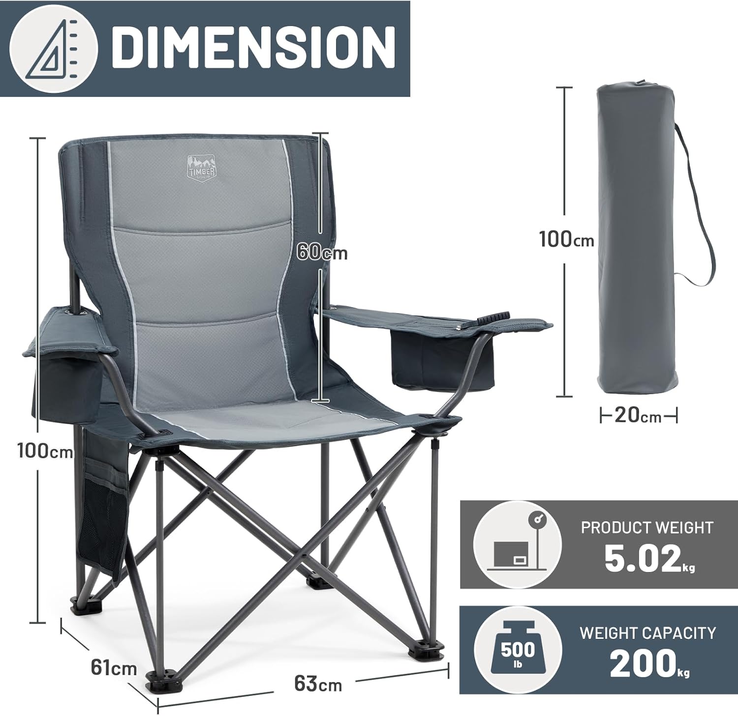 Heavy Duty Camping Chair 200kg Padded Grey
