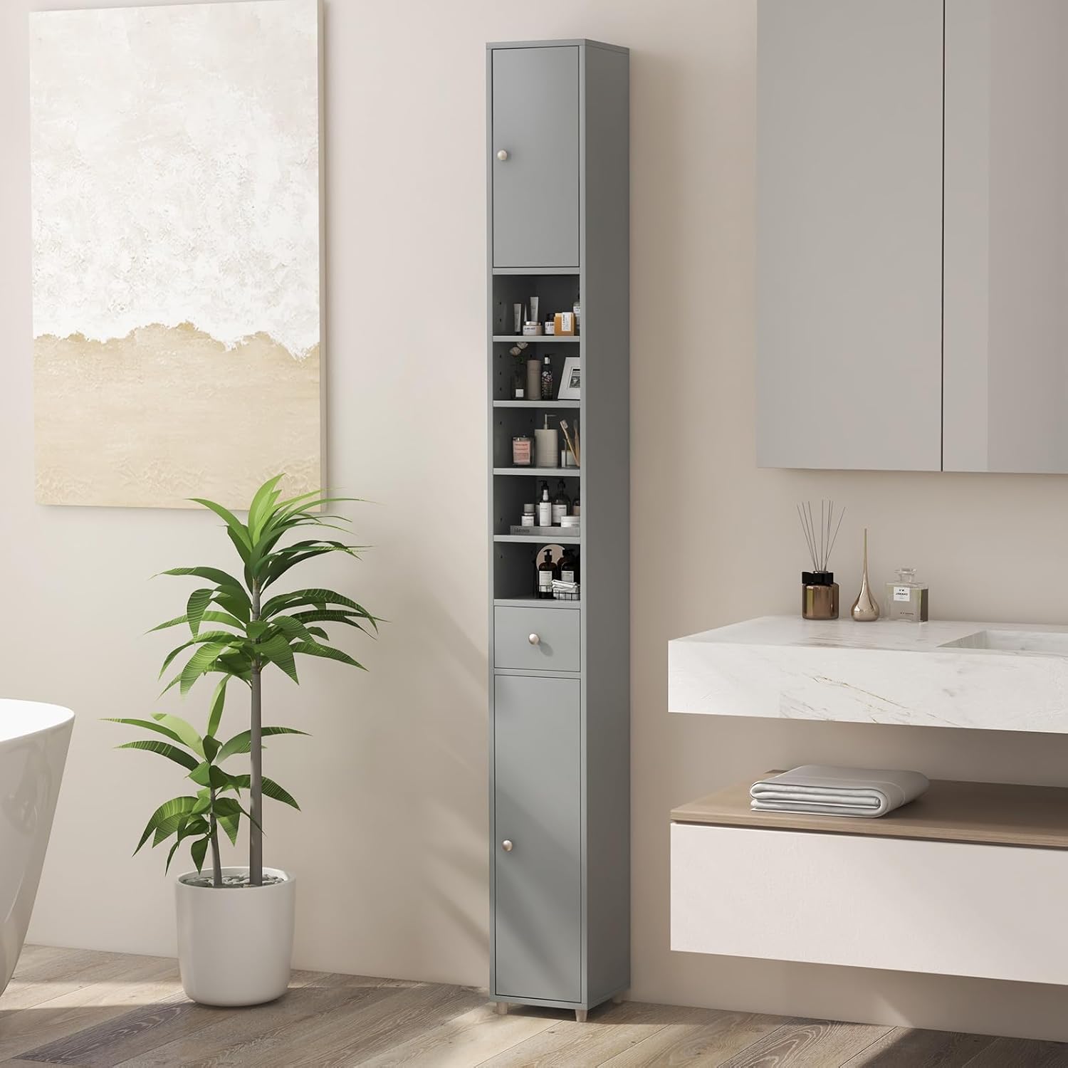 Tall Slim Storage Cabinet Grey Drawer Adjustable Shelf Unit