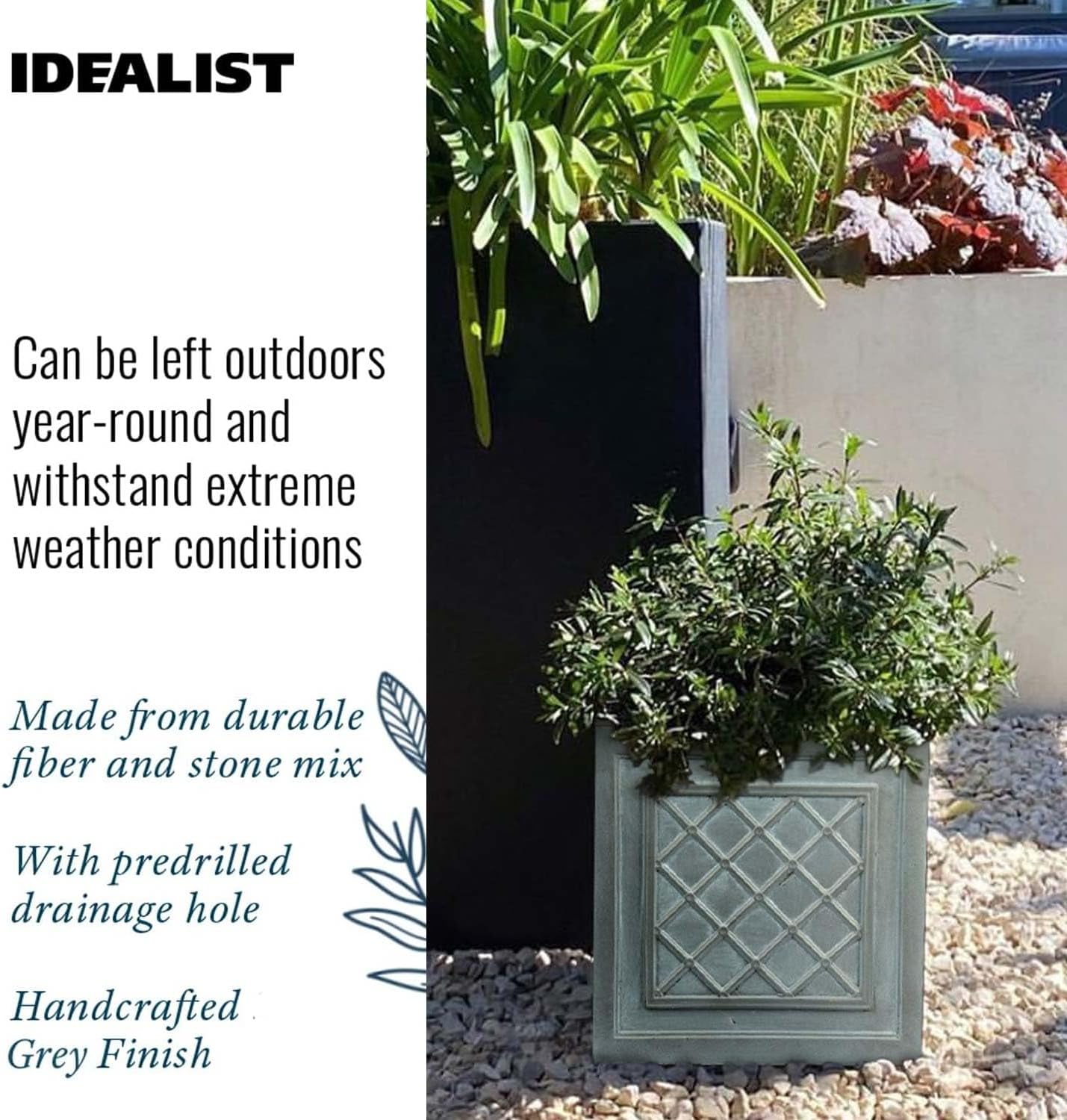 37cm Square Planter Grey Lattice Stone Effect Garden Pot