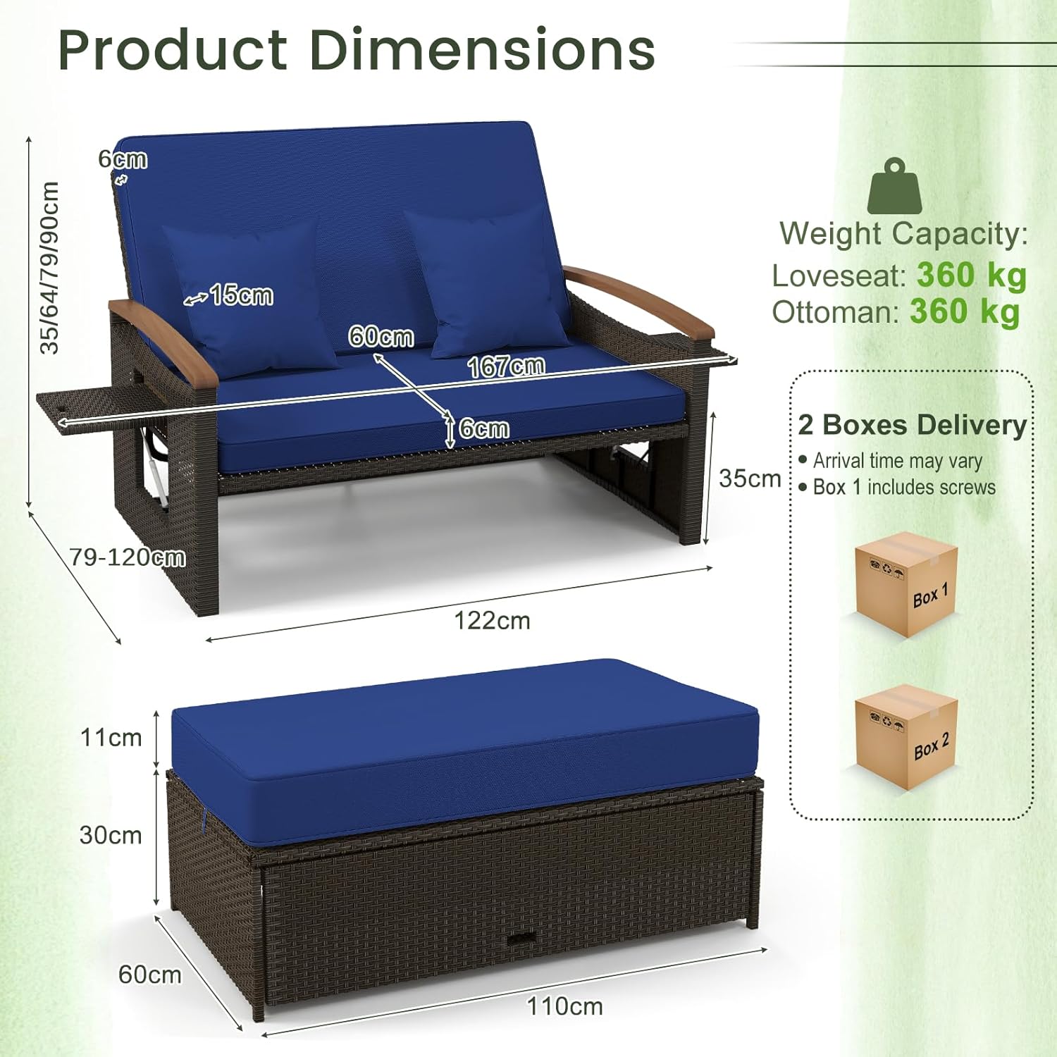 Patio Wicker Sun Lounger Daybed Adjustable Outdoor Sofa Navy