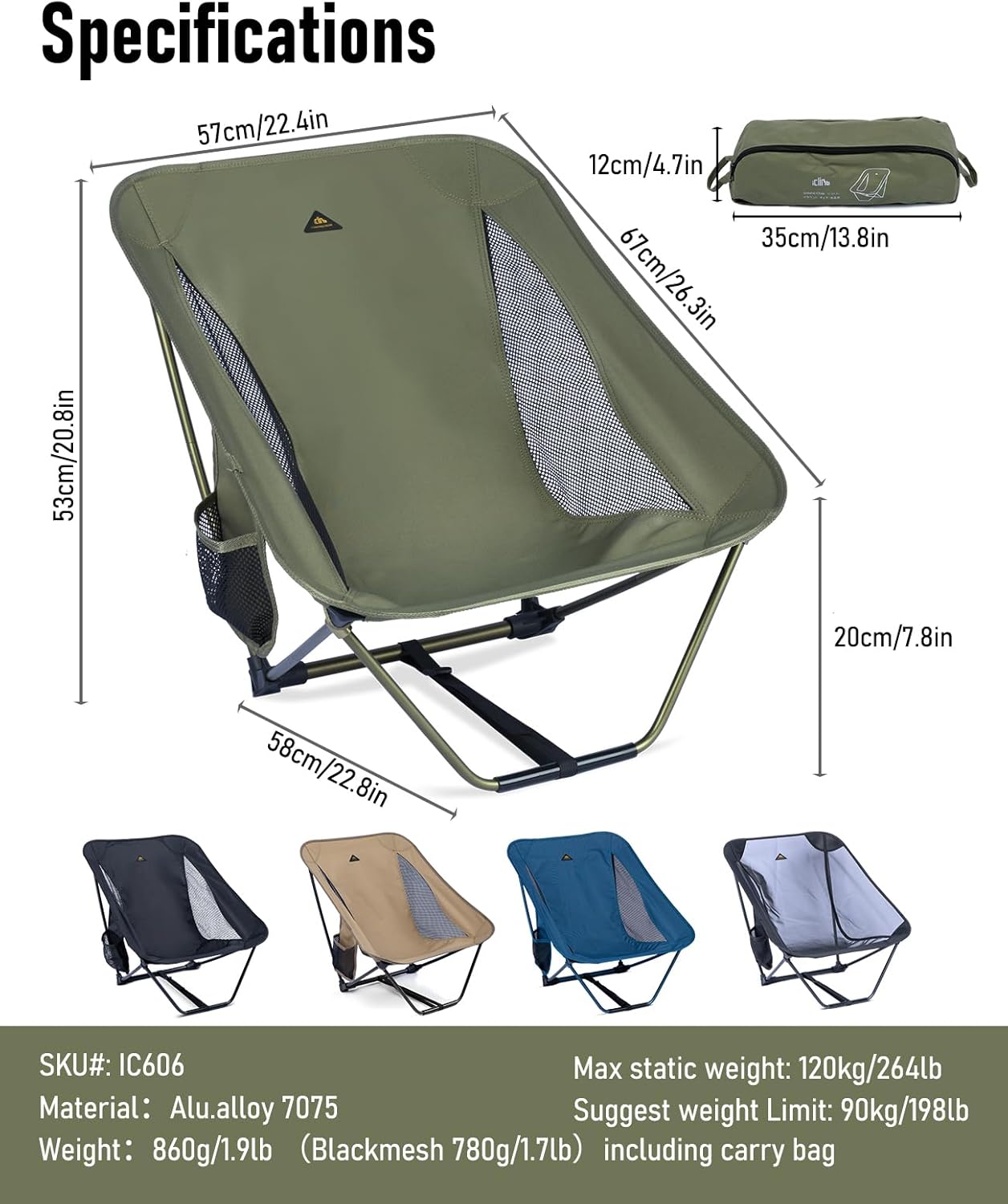 Low Ultralight Camping Chair Compact Folding Seat Green