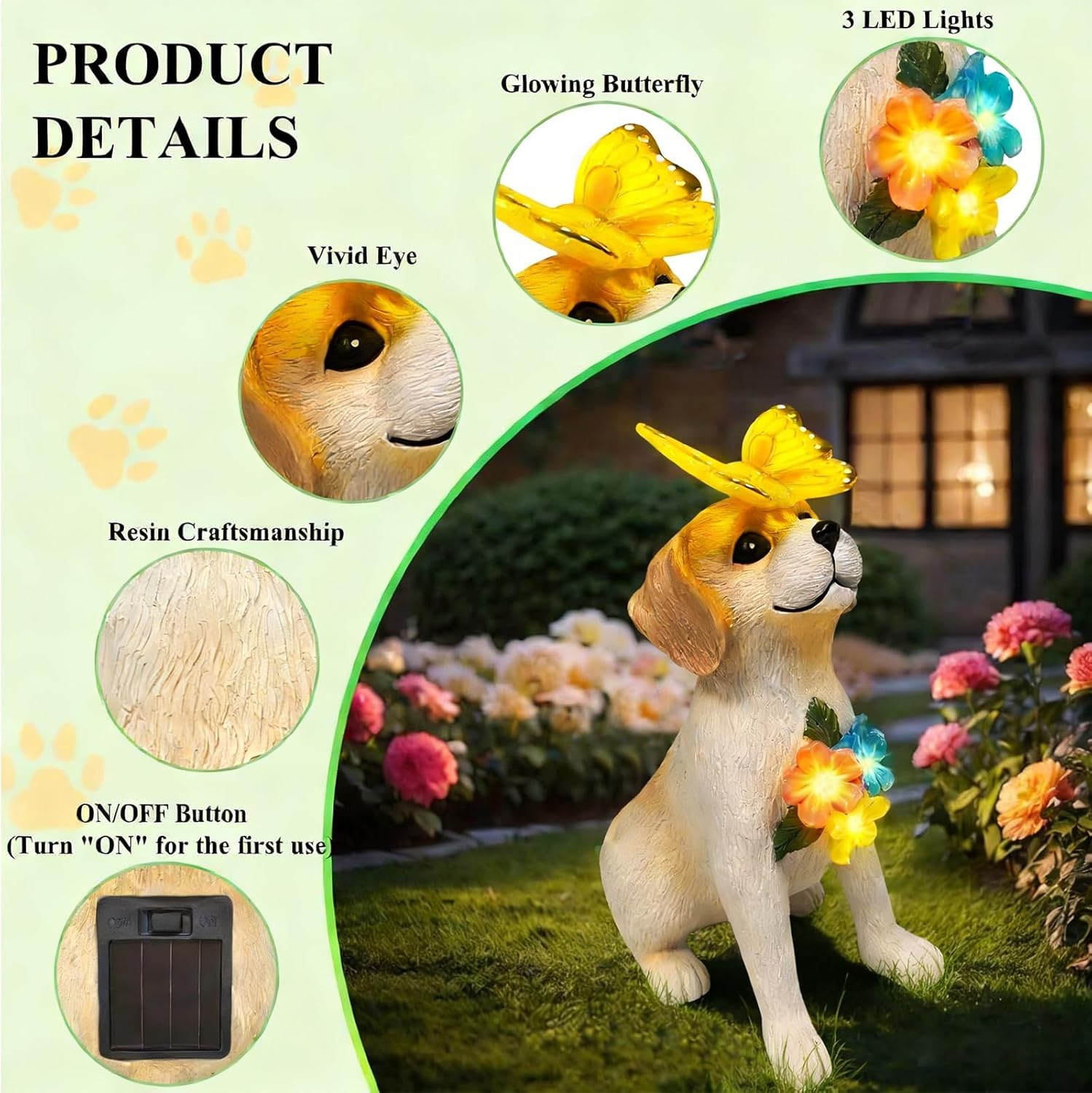 Solar Dog Garden Statue LED Lights Outdoor Resin Decor