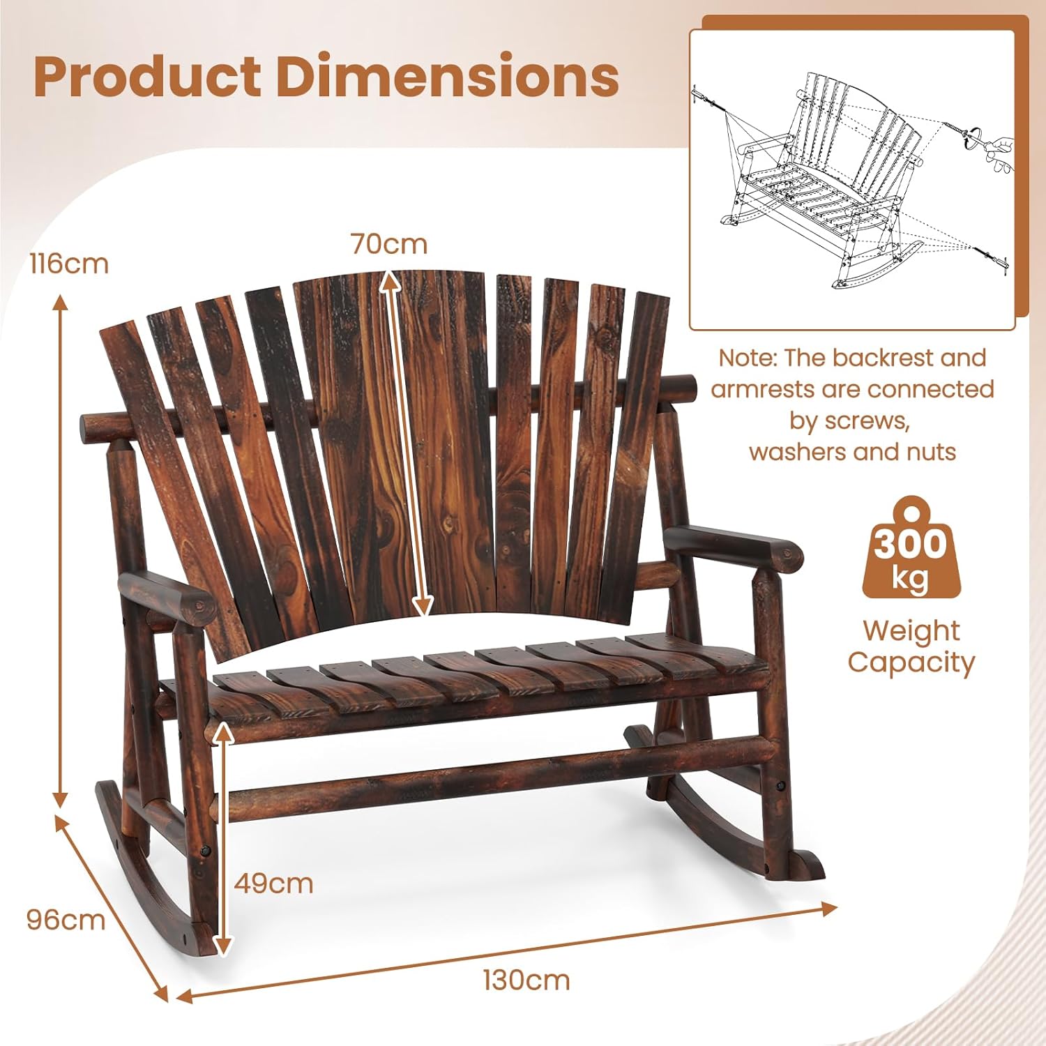 2 Person Wooden Adirondack Rocking Bench Patio Porch Chair