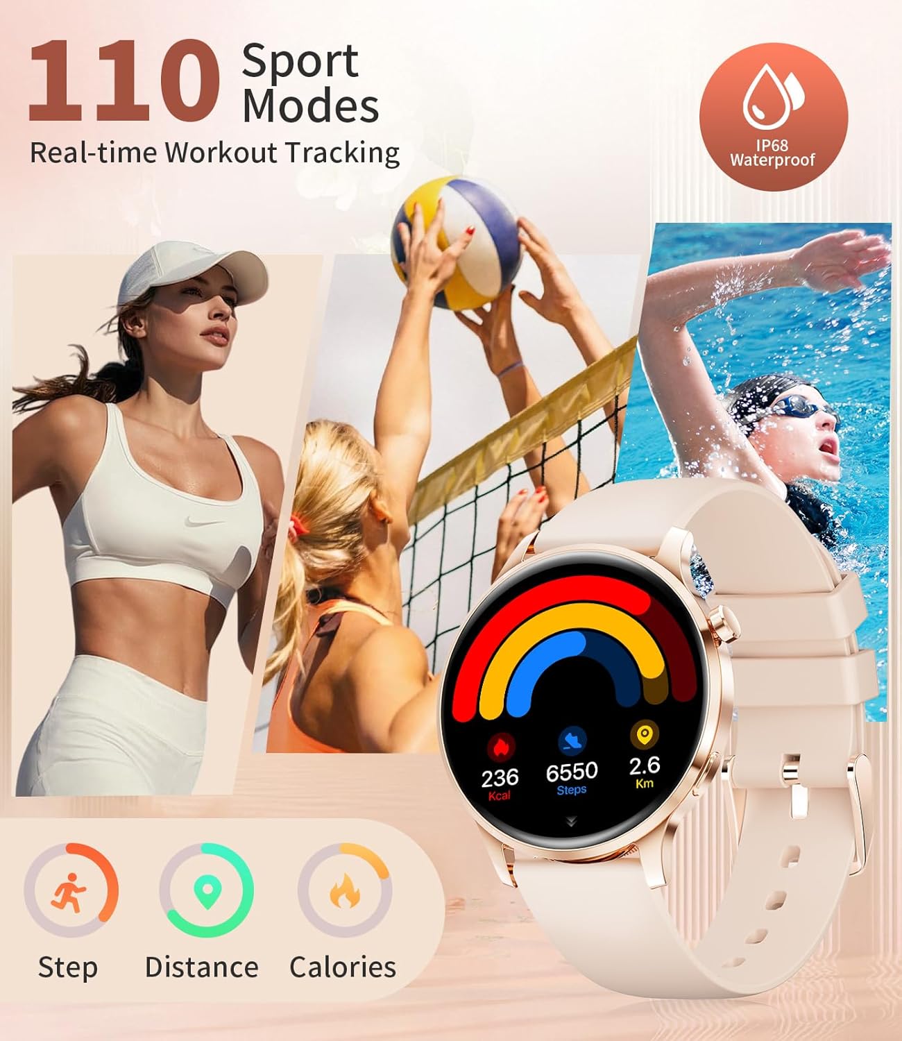 Womens AMOLED Smart Watch Rose Gold Mesh Call
