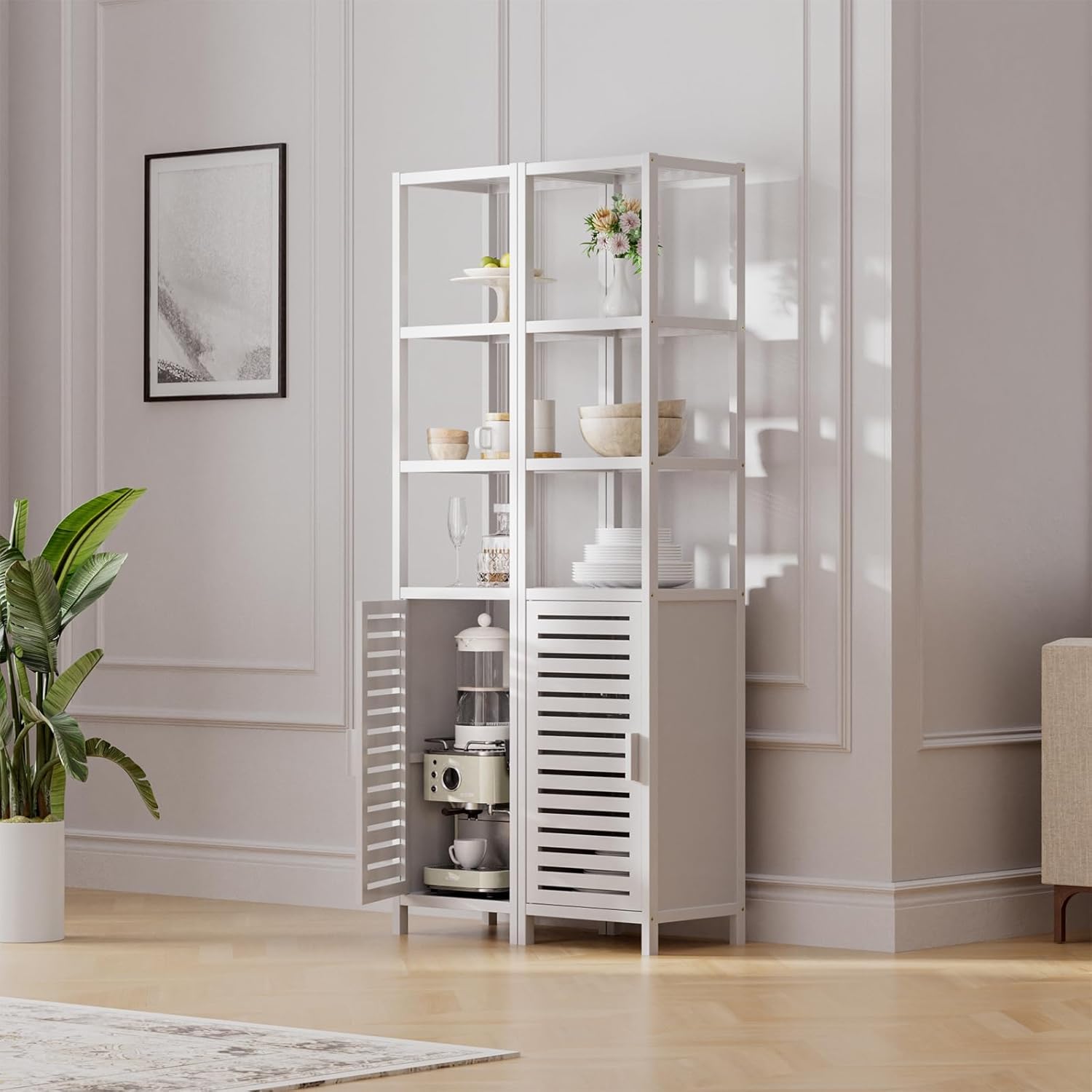 Bamboo Tall Storage Cabinet White Shelf Shutter Door Unit