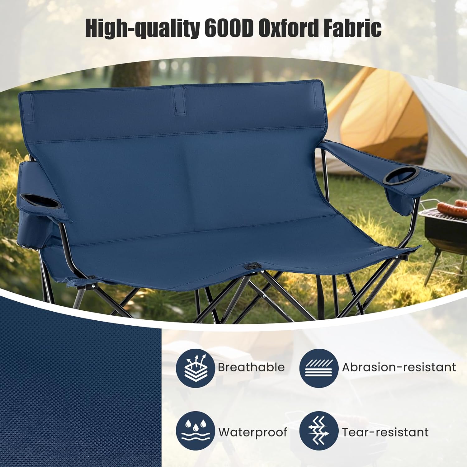 Double Camping Loveseat Chair 300KG Foldable Blue