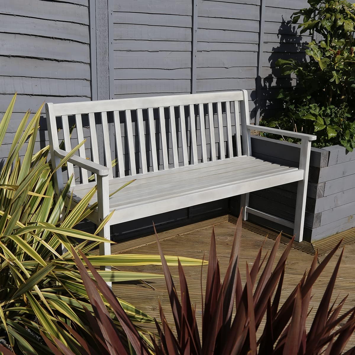 2 Seater Acacia Wooden Garden Bench White Outdoor Patio Seat w/Armrests