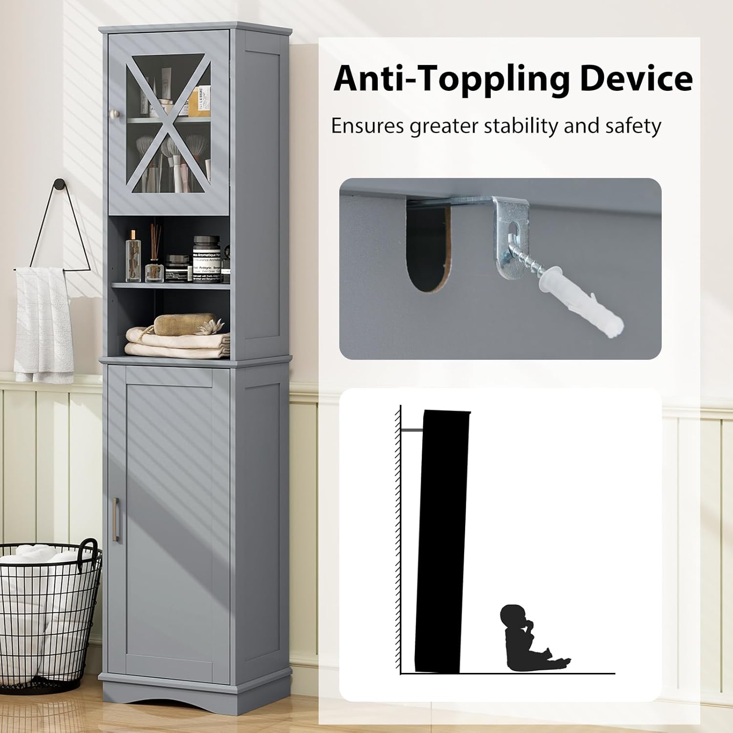 Grey Tallboy Bathroom Cabinet 2 Door Shelf Storage Unit