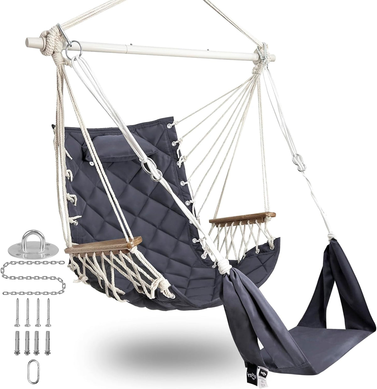 Luxury Hammock Swing Chair with Footrest Headrest 350lb Dark Grey