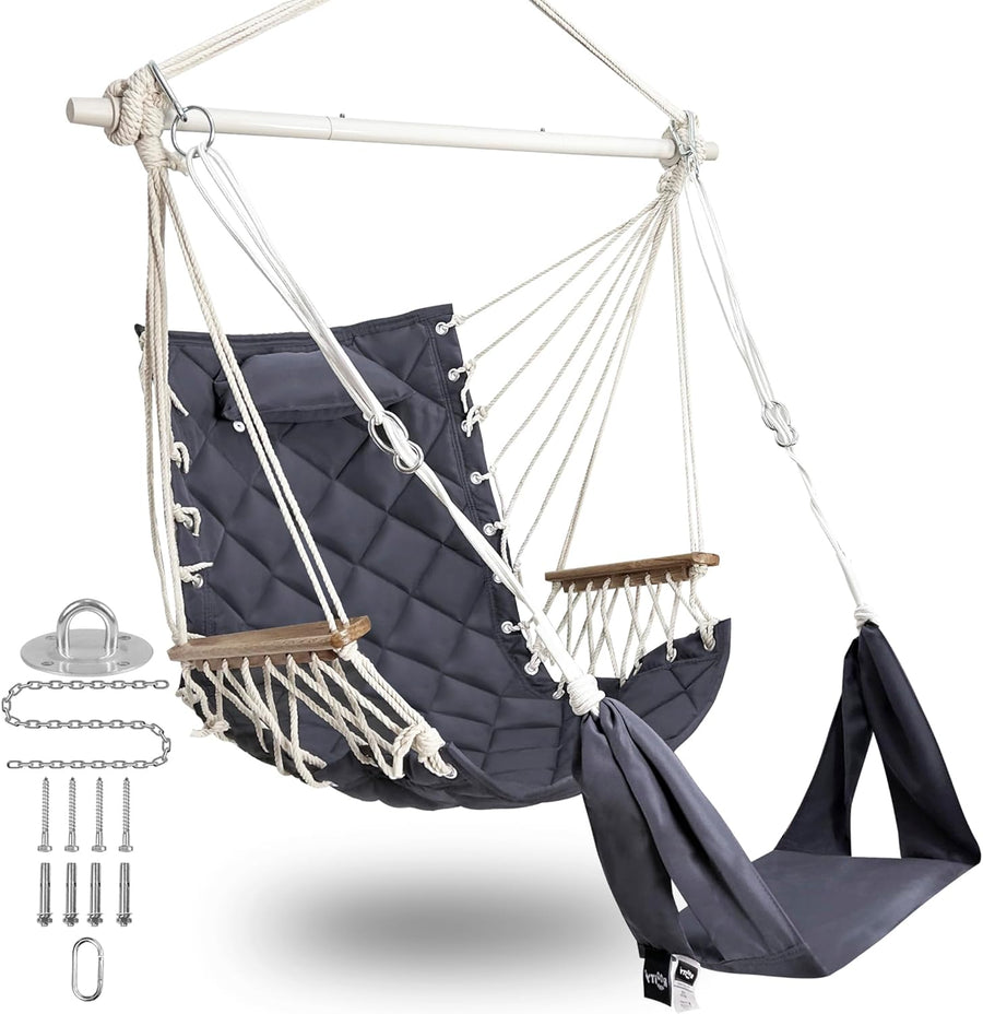 Luxury Hammock Swing Chair with Footrest Headrest 350lb Dark Grey