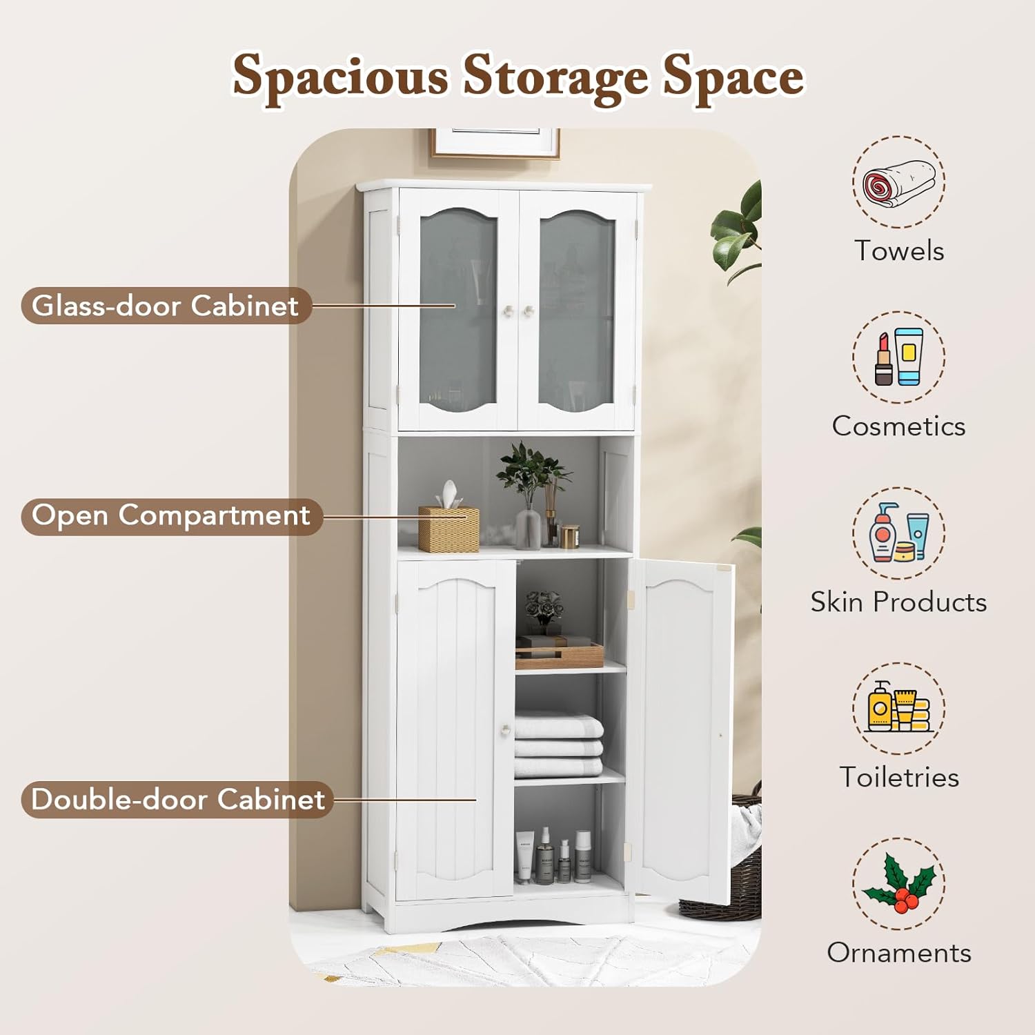 Tall Bathroom Storage Cabinet Glass Door Shelf Unit White