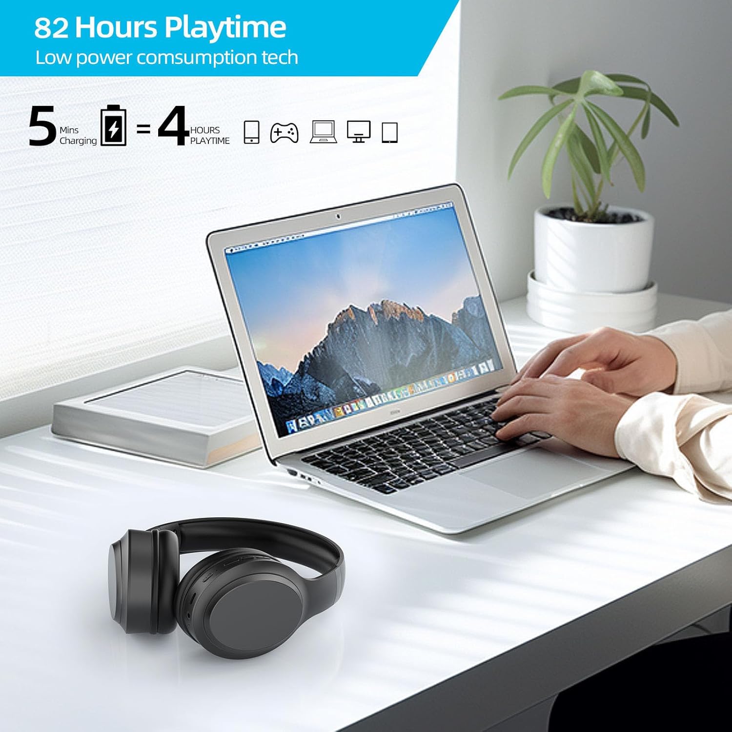Bluetooth Over Ear Headphones 82H Playtime 3EQ Foldable Mic