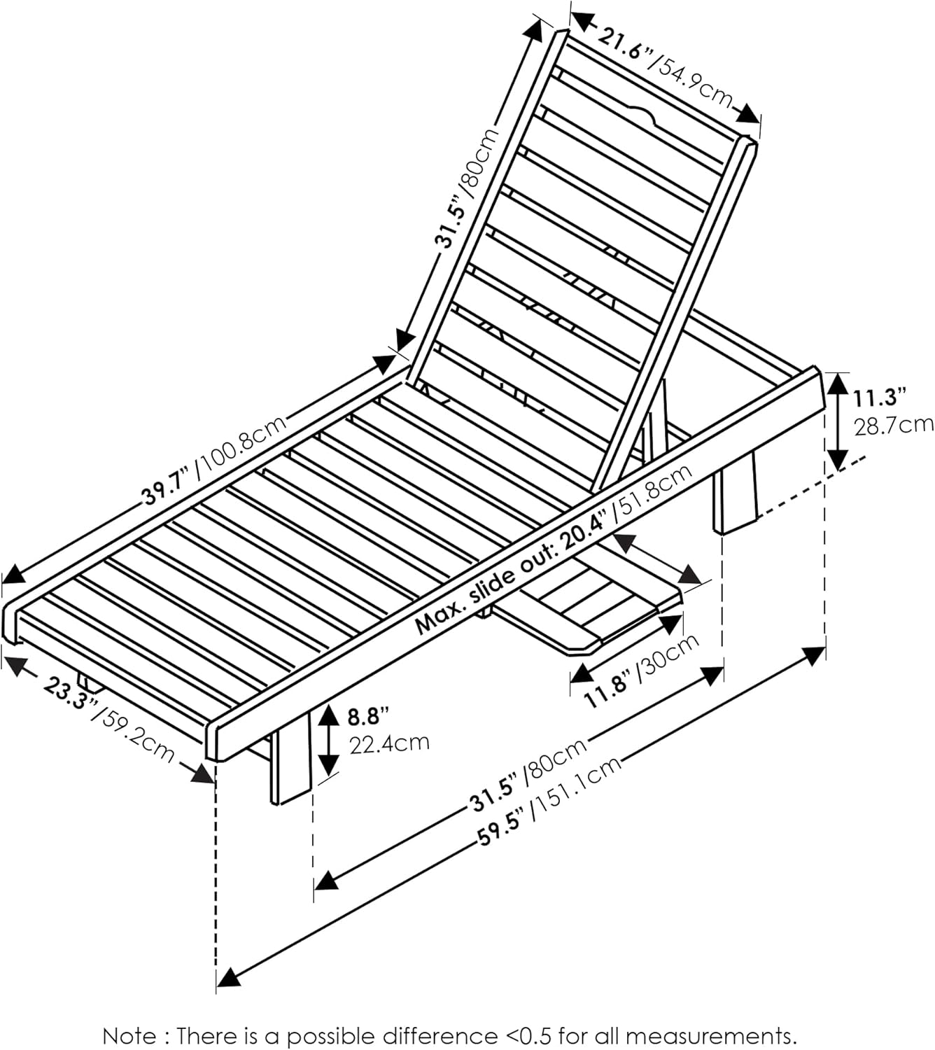 Wooden Outdoor Sun Lounger Adjustable Chair with Tray Natural