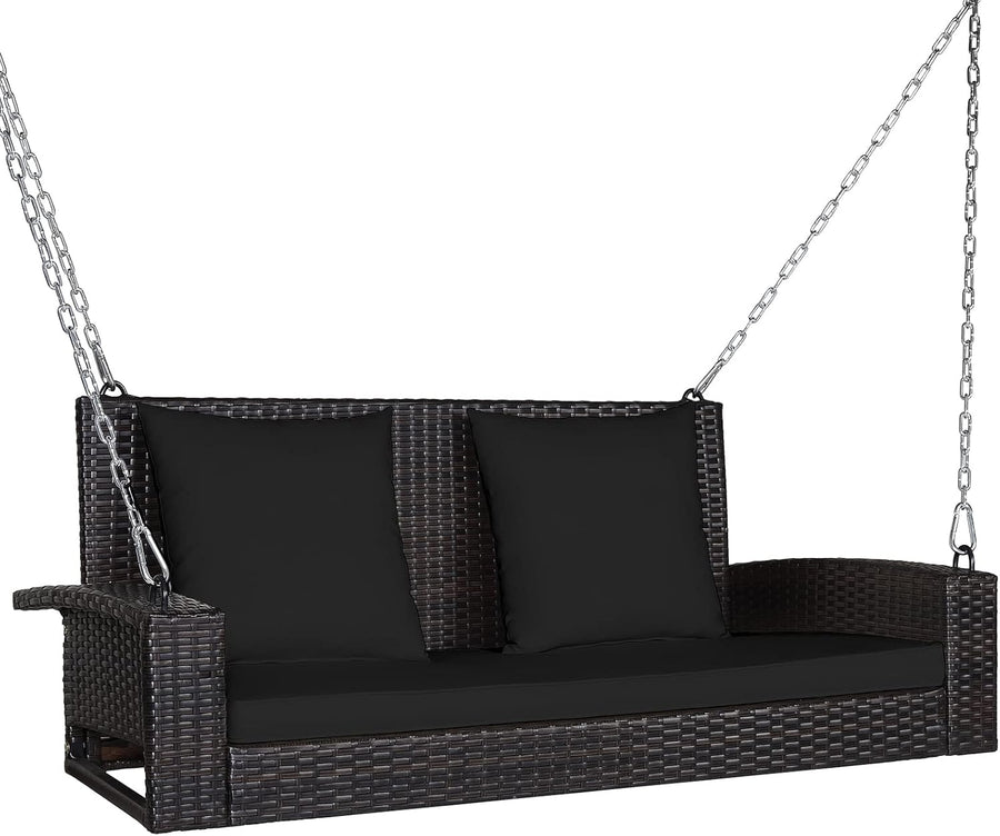 2 Seater Rattan Porch Swing Chair Cushions Pillows Black