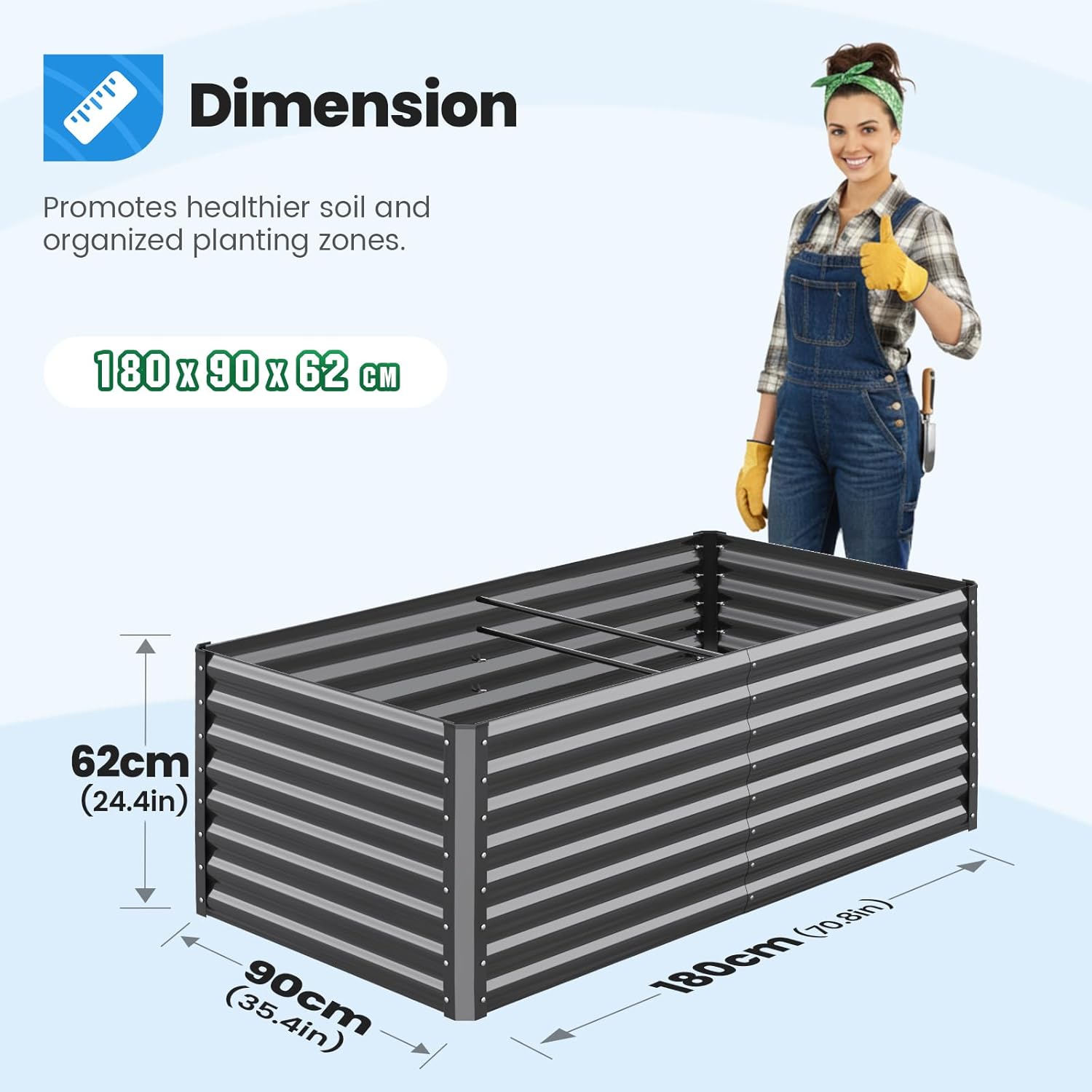 Large Galvanized Raised Garden Bed 180x90cm with Tomato Cages