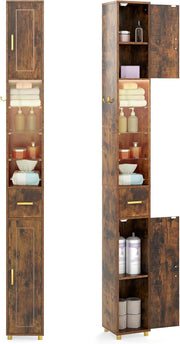 Tall Slim Bathroom Cabinet LED Lights Drawer Rustic Brown 180cm