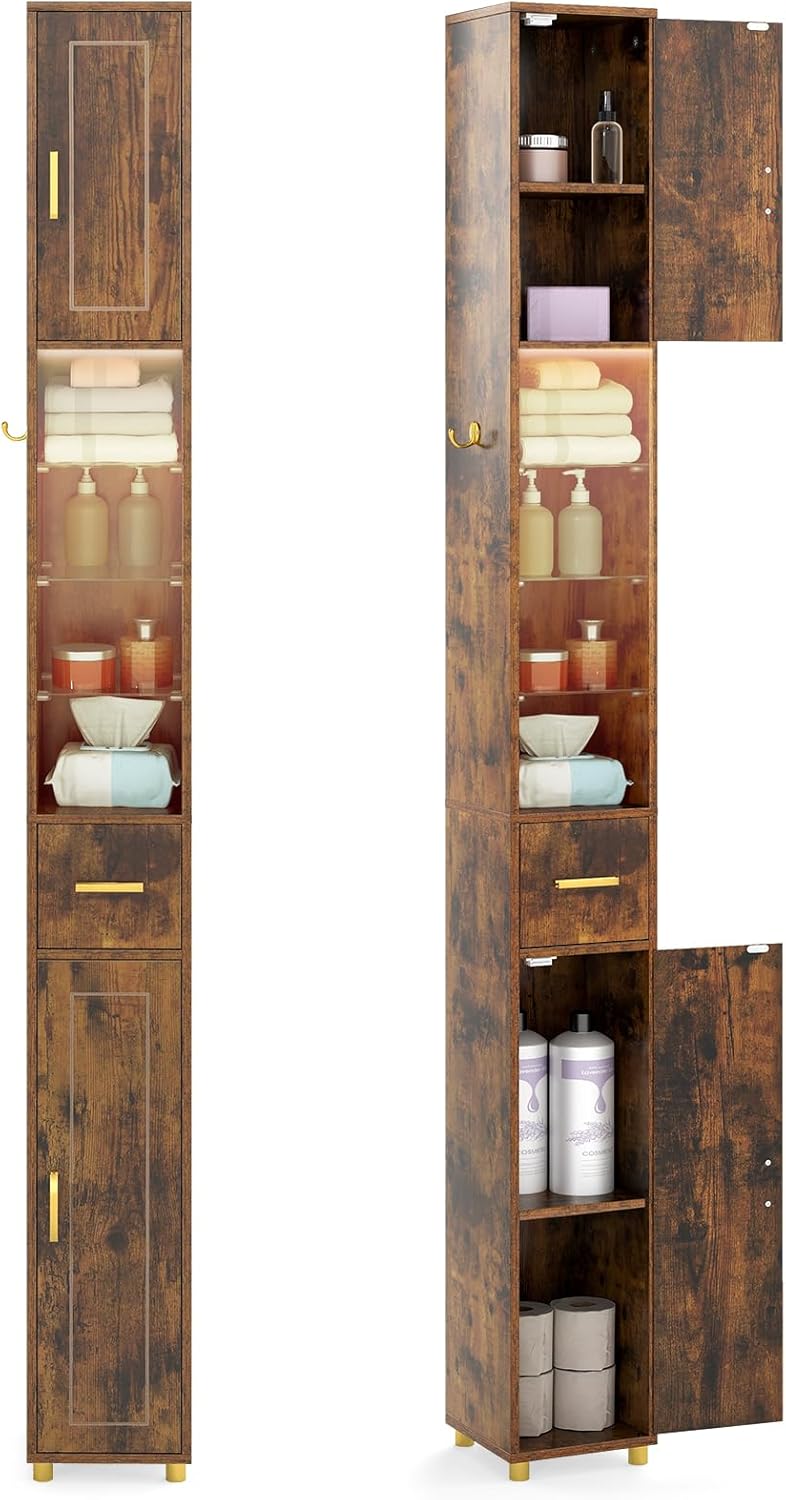 Tall Slim Bathroom Cabinet LED Lights Drawer Rustic Brown 180cm