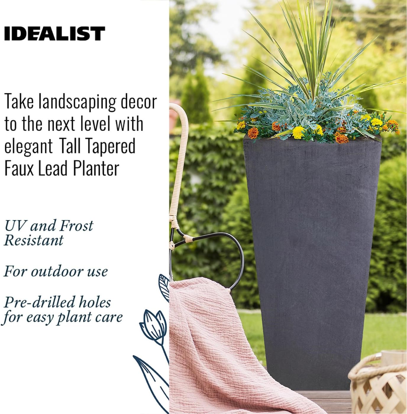 89cm Extra Large Tall Planter Dark Grey Stone Effect Garden Pot