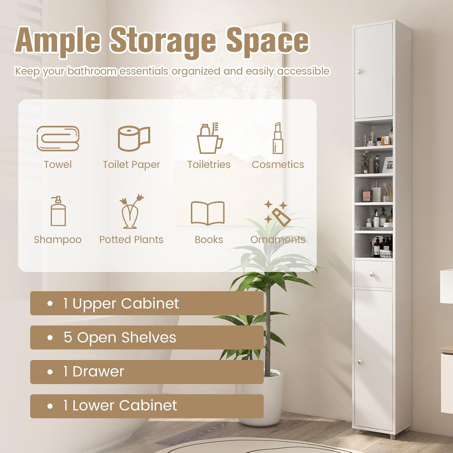 Tall Slim Storage Cabinet White Drawer Adjustable Shelf Unit
