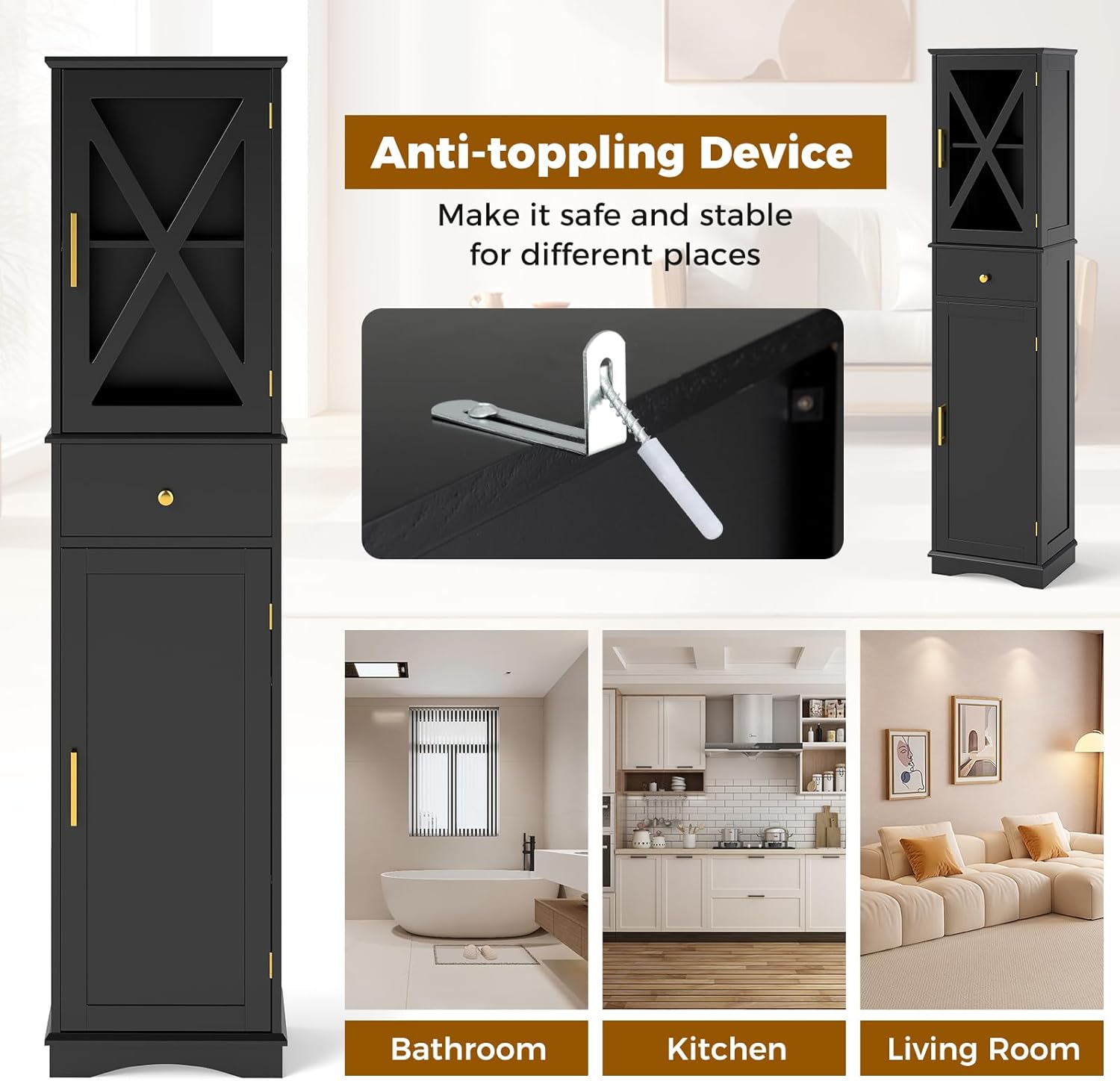 Slim Bathroom Tall Cabinet Drawer 2 Door Shelf Unit Black