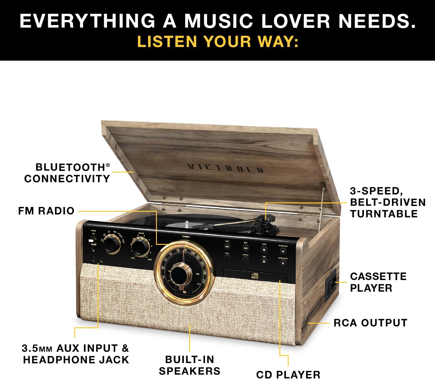 6 in 1 Wood Record Player Bluetooth CD Cassette Walnut