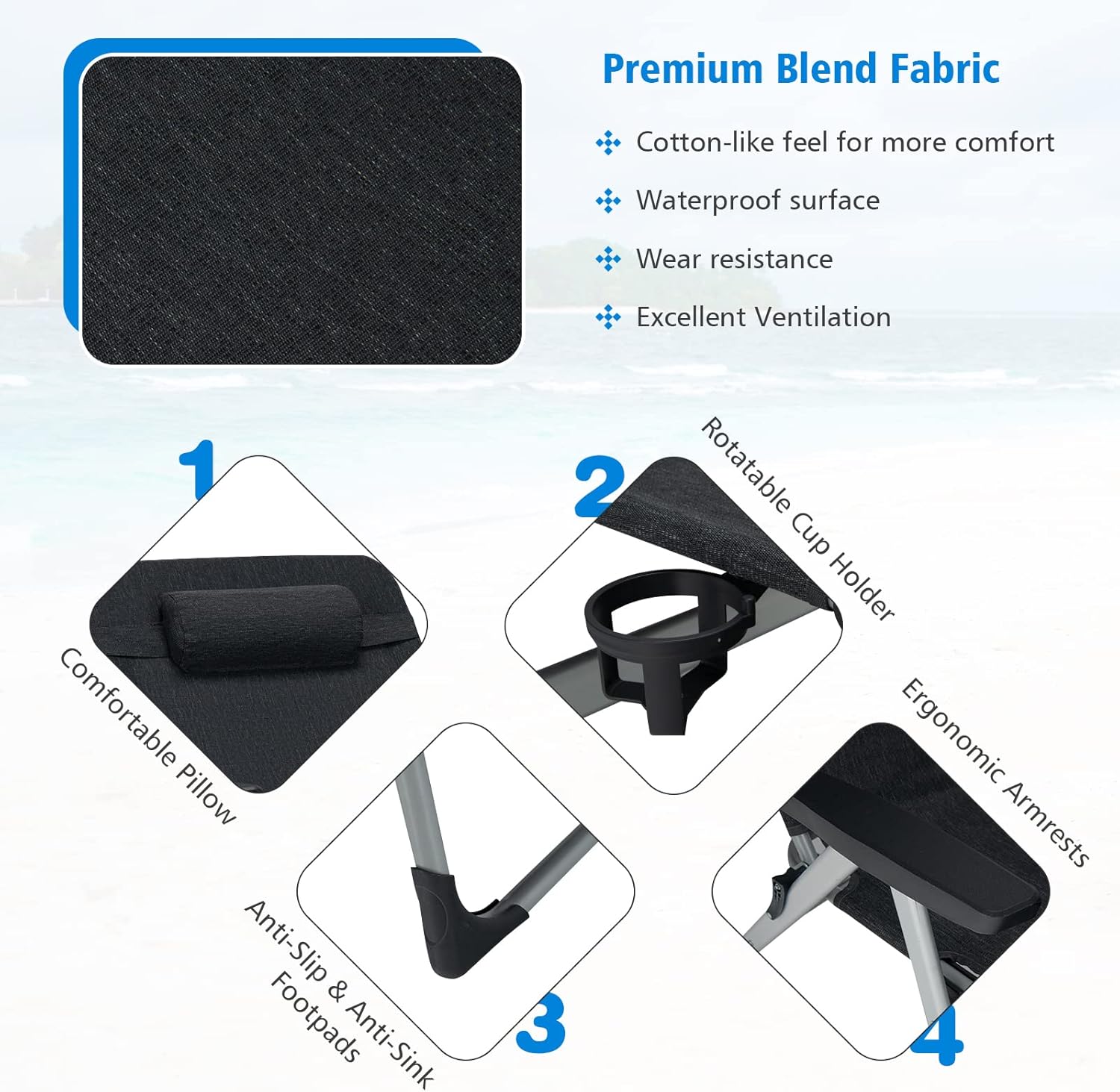 Folding Sun Lounger 7 Position Reclining Chair Cup Holder Black