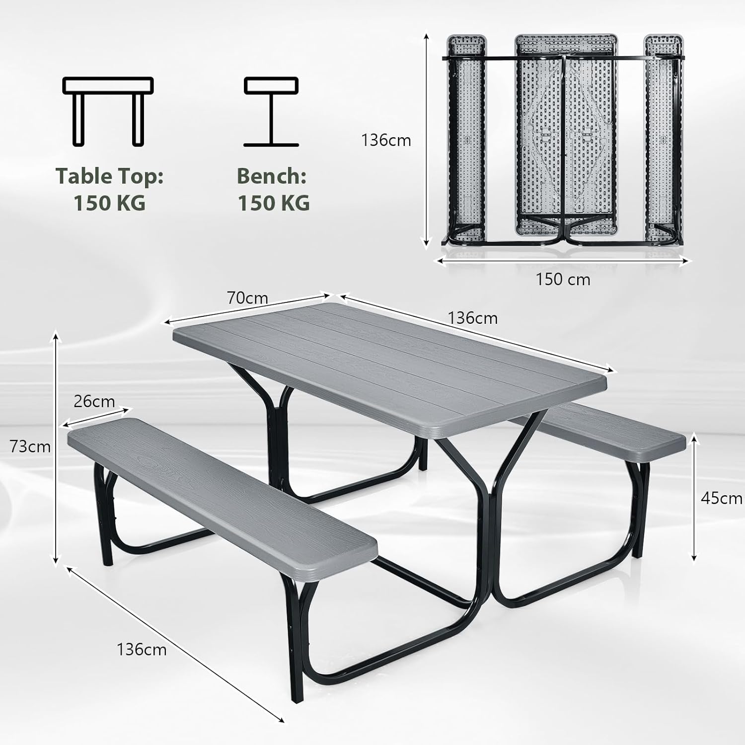 Outdoor Picnic Table Bench Set HDPE Garden Dining Grey
