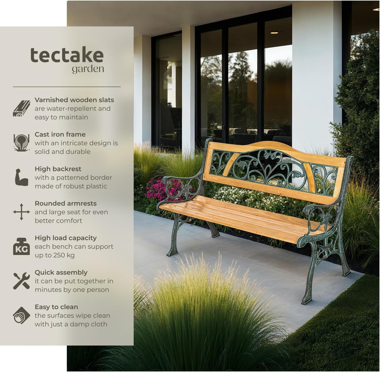 2 Seater Wooden Garden Bench Cast Iron Frame Outdoor Patio Seat
